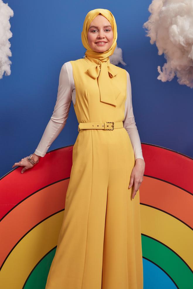 Tesettür giyim SARI BAĞLAMA DETAYLI KEMERLİ TULUM 42696  - ALVİNA