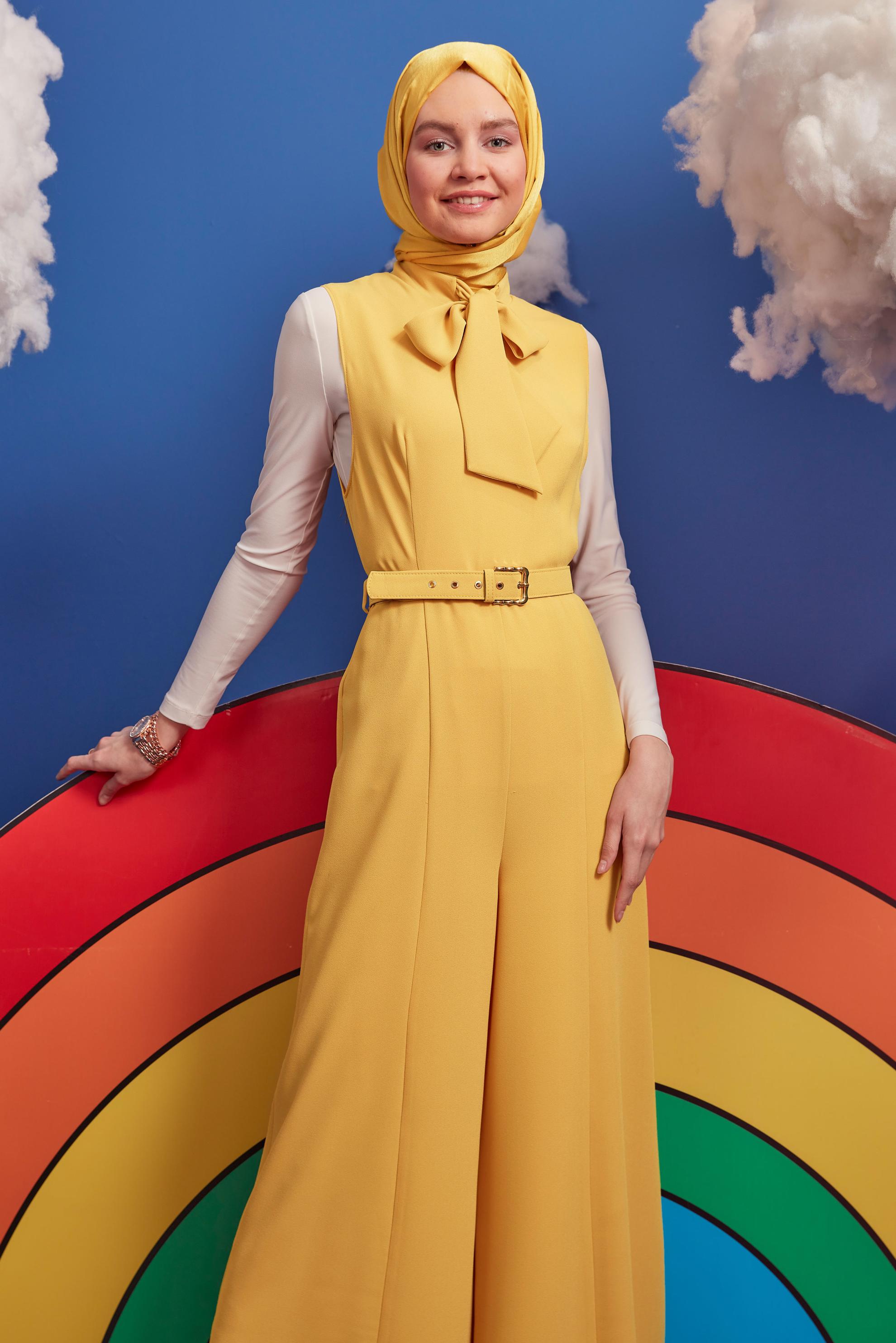 Tesettür giyim SARI BAĞLAMA DETAYLI KEMERLİ TULUM 42696 