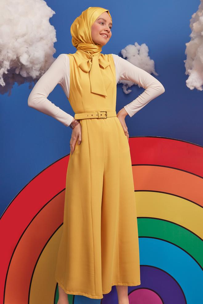 Tesettür giyim SARI BAĞLAMA DETAYLI KEMERLİ TULUM 42696  - ALVİNA