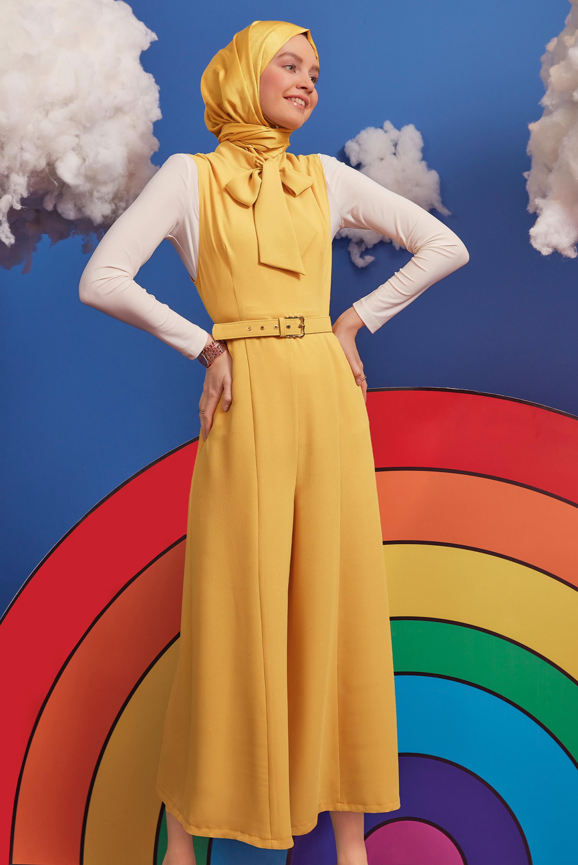 Tesettür giyim SARI BAĞLAMA DETAYLI KEMERLİ TULUM 42696 