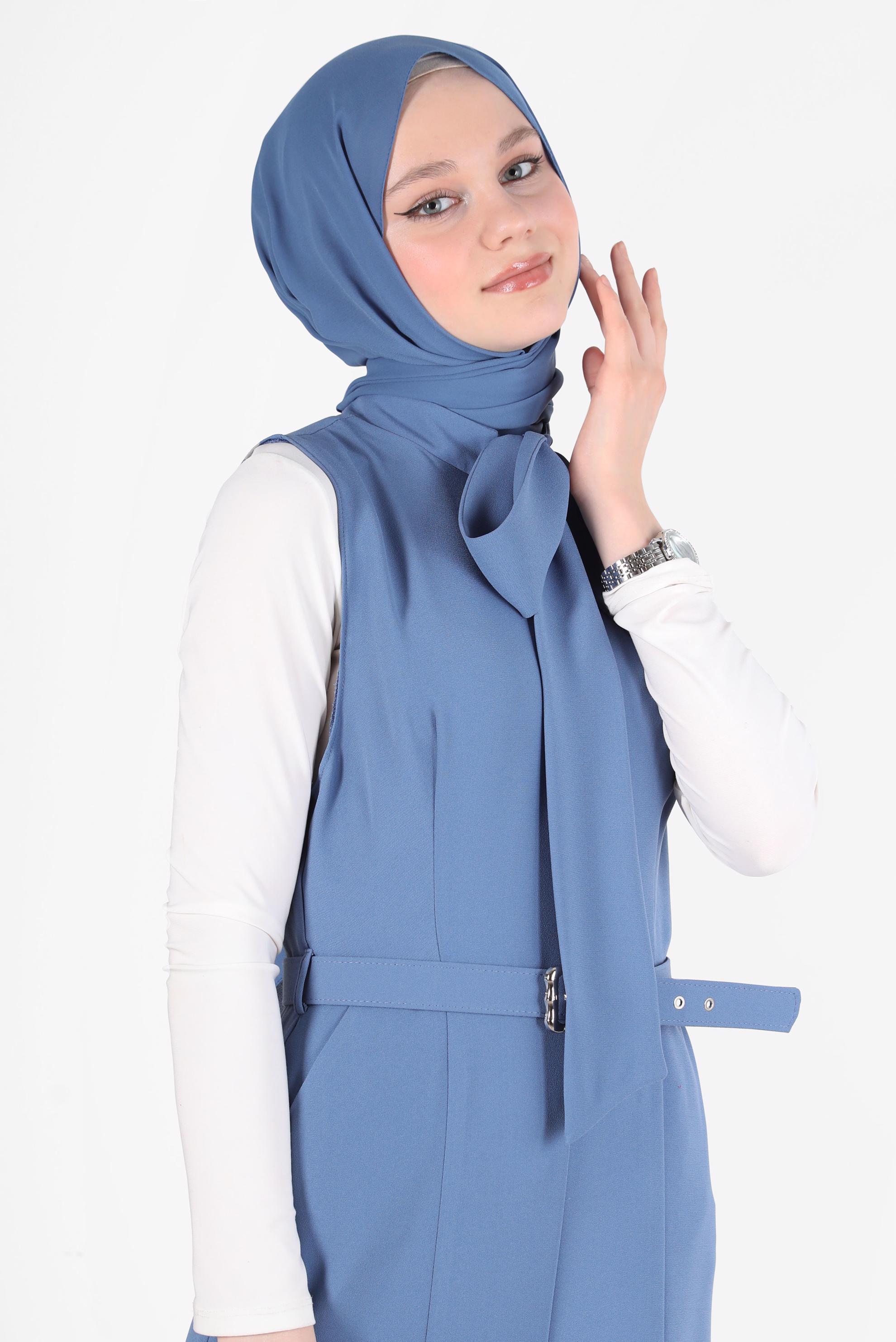 Tesettür giyim LACİVERT BAĞLAMA DETAYLI KEMERLİ TULUM 42696 