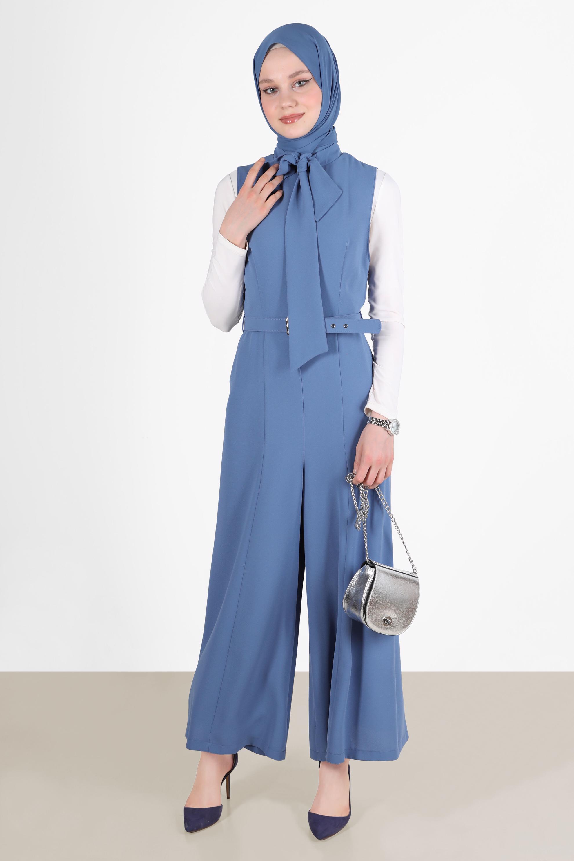 Tesettür giyim LACİVERT BAĞLAMA DETAYLI KEMERLİ TULUM 42696 