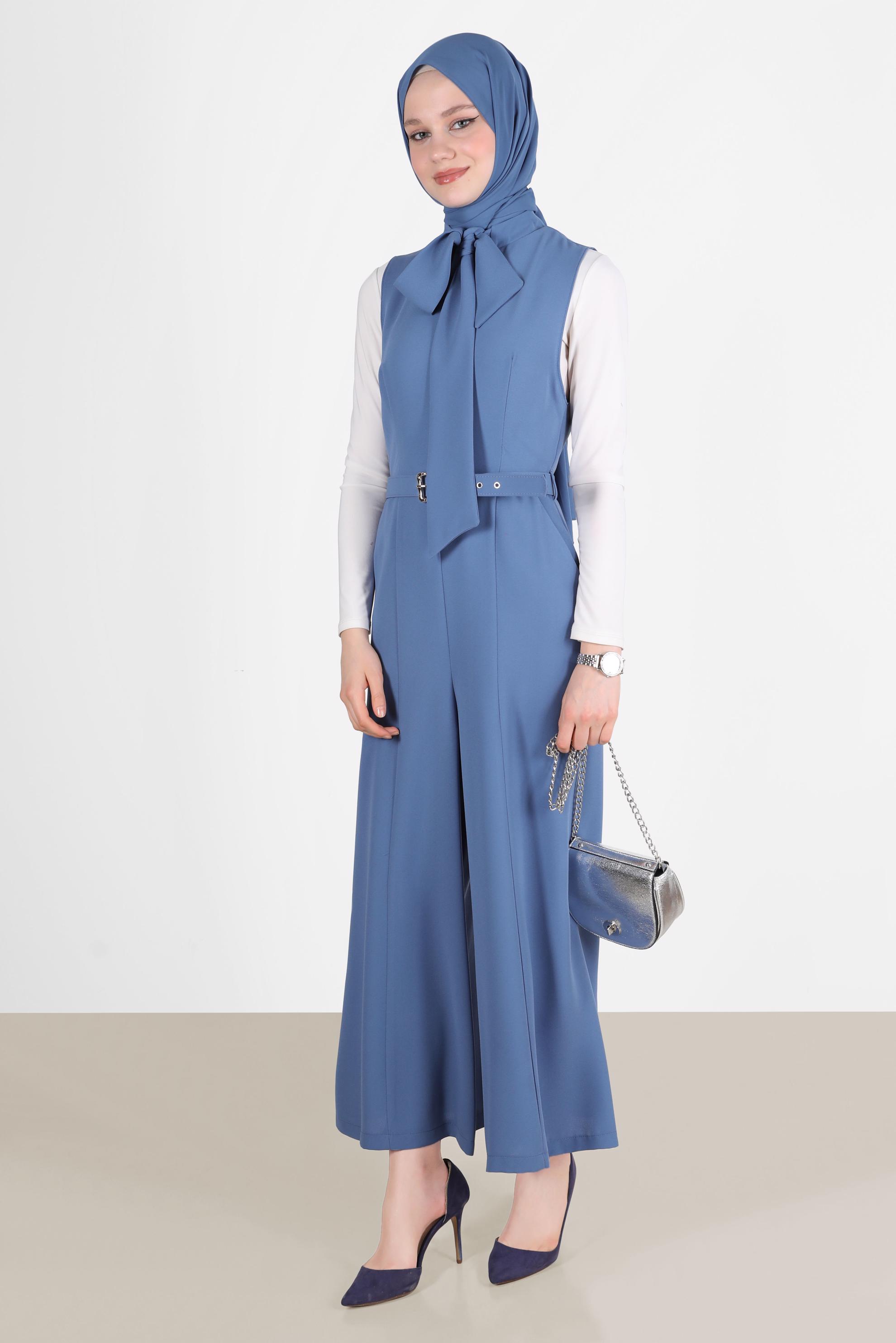 Tesettür giyim LACİVERT BAĞLAMA DETAYLI KEMERLİ TULUM 42696 