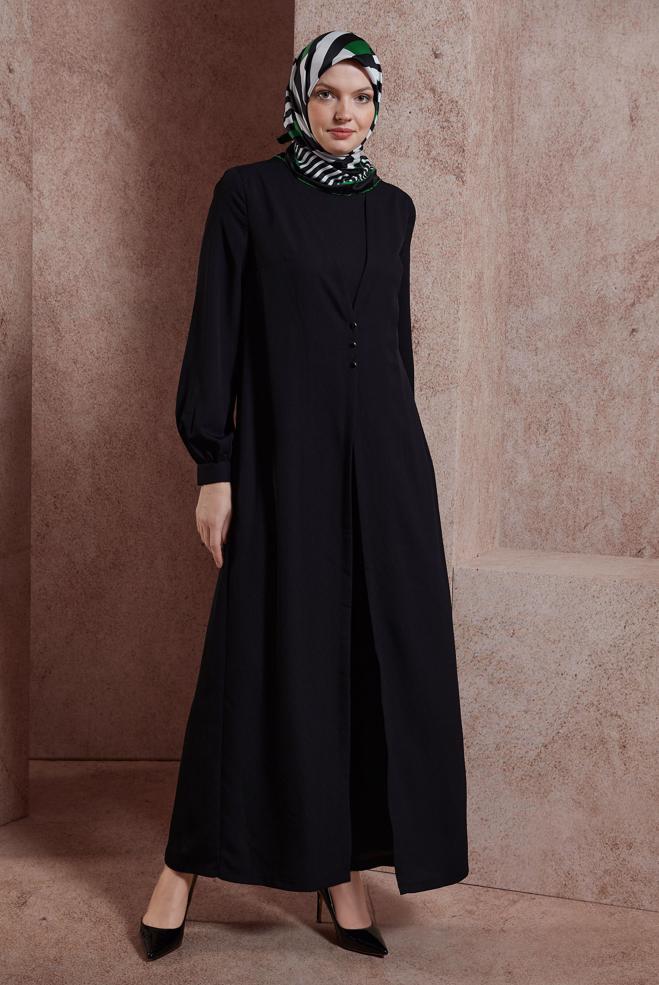 Tesettür giyim SİYAH HIRKA GÖRÜNÜMLÜ DÜĞMELİ TULUM 42766  - ALVİNA