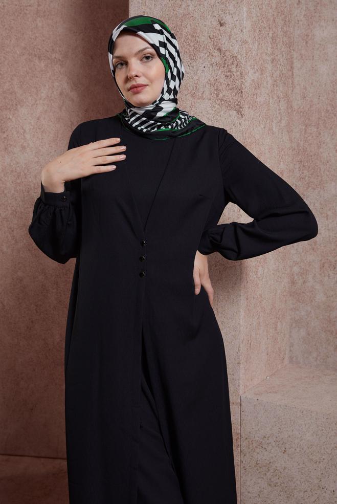 Tesettür giyim SİYAH HIRKA GÖRÜNÜMLÜ DÜĞMELİ TULUM 42766  - ALVİNA