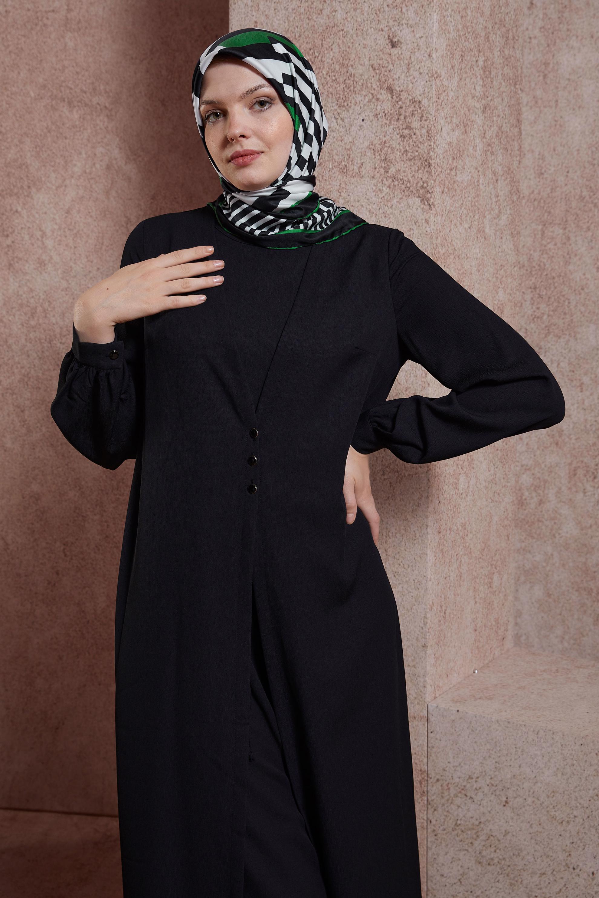 Tesettür giyim SİYAH HIRKA GÖRÜNÜMLÜ DÜĞMELİ TULUM 42766 