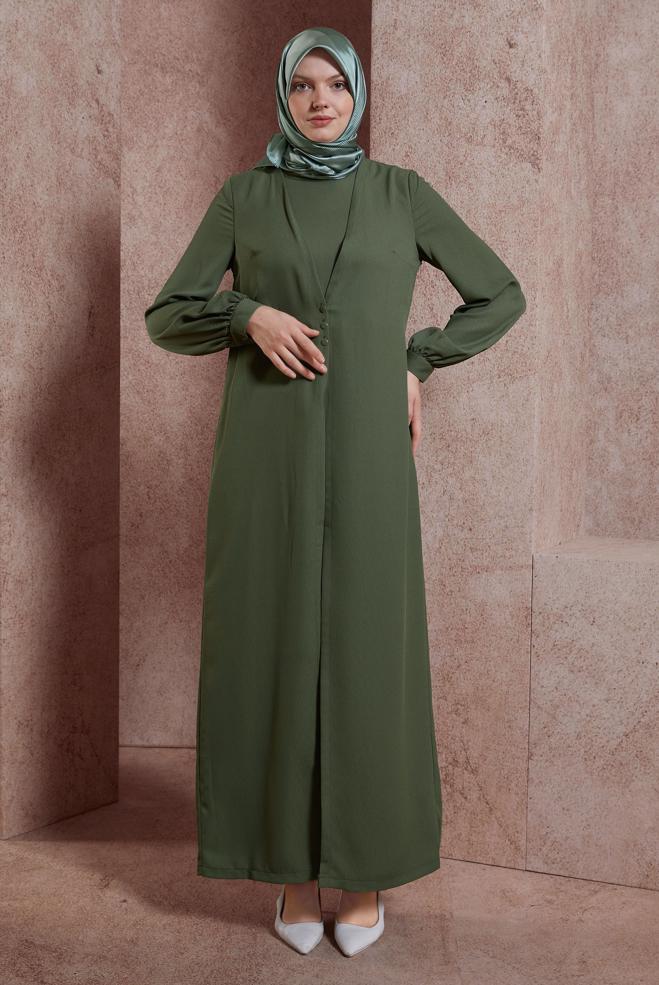 Tesettür giyim HAKİ HIRKA GÖRÜNÜMLÜ DÜĞMELİ TULUM 42766  - ALVİNA