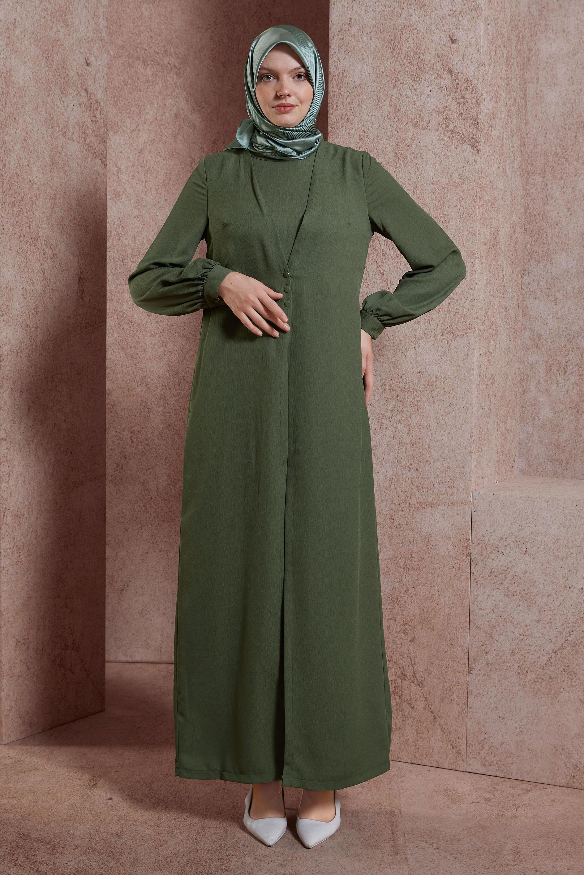 Tesettür giyim HAKİ HIRKA GÖRÜNÜMLÜ DÜĞMELİ TULUM 42766 