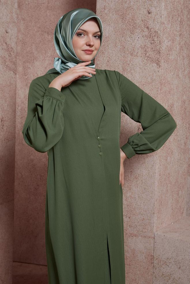 Tesettür giyim HAKİ HIRKA GÖRÜNÜMLÜ DÜĞMELİ TULUM 42766  - ALVİNA