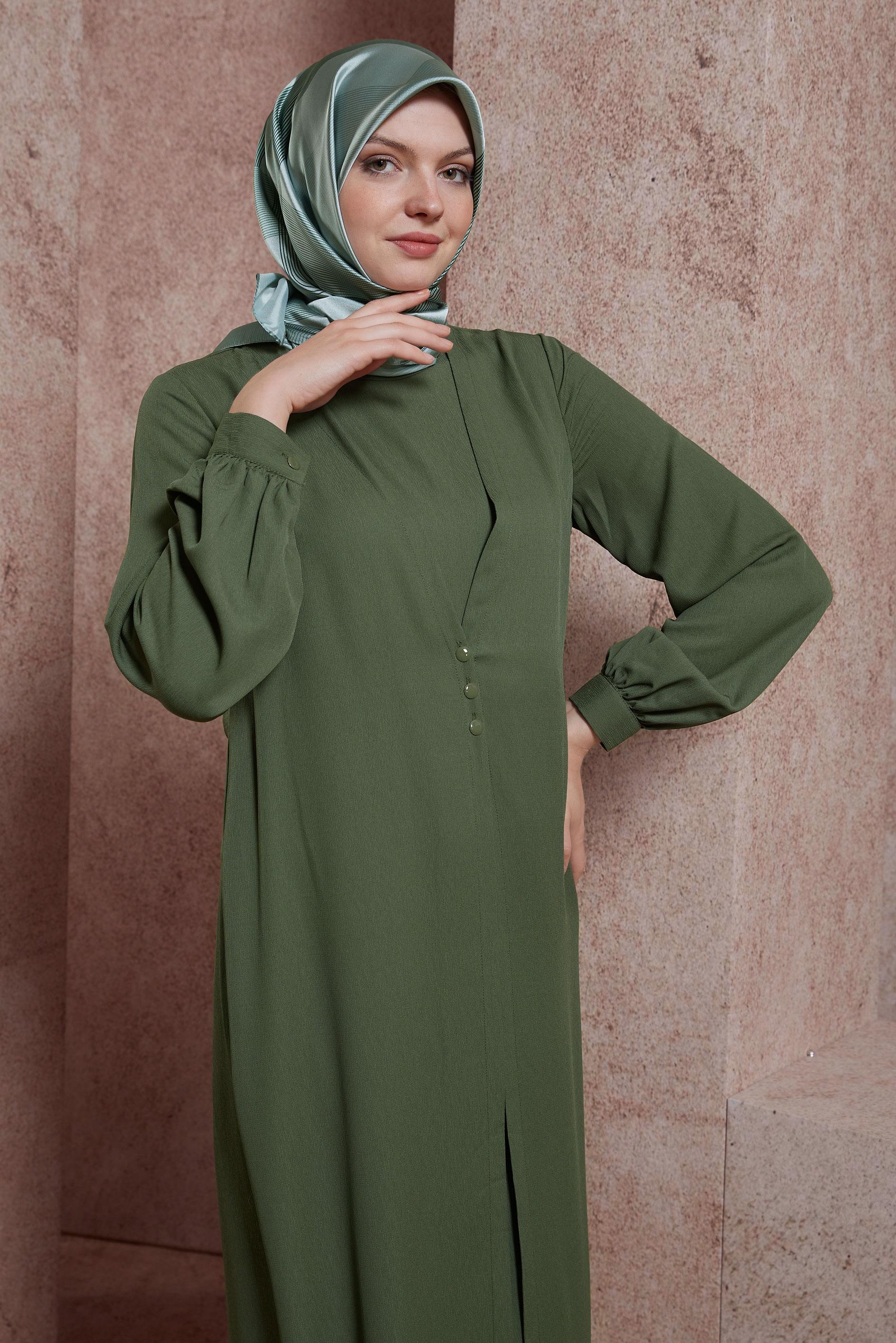 Tesettür giyim HAKİ HIRKA GÖRÜNÜMLÜ DÜĞMELİ TULUM 42766 