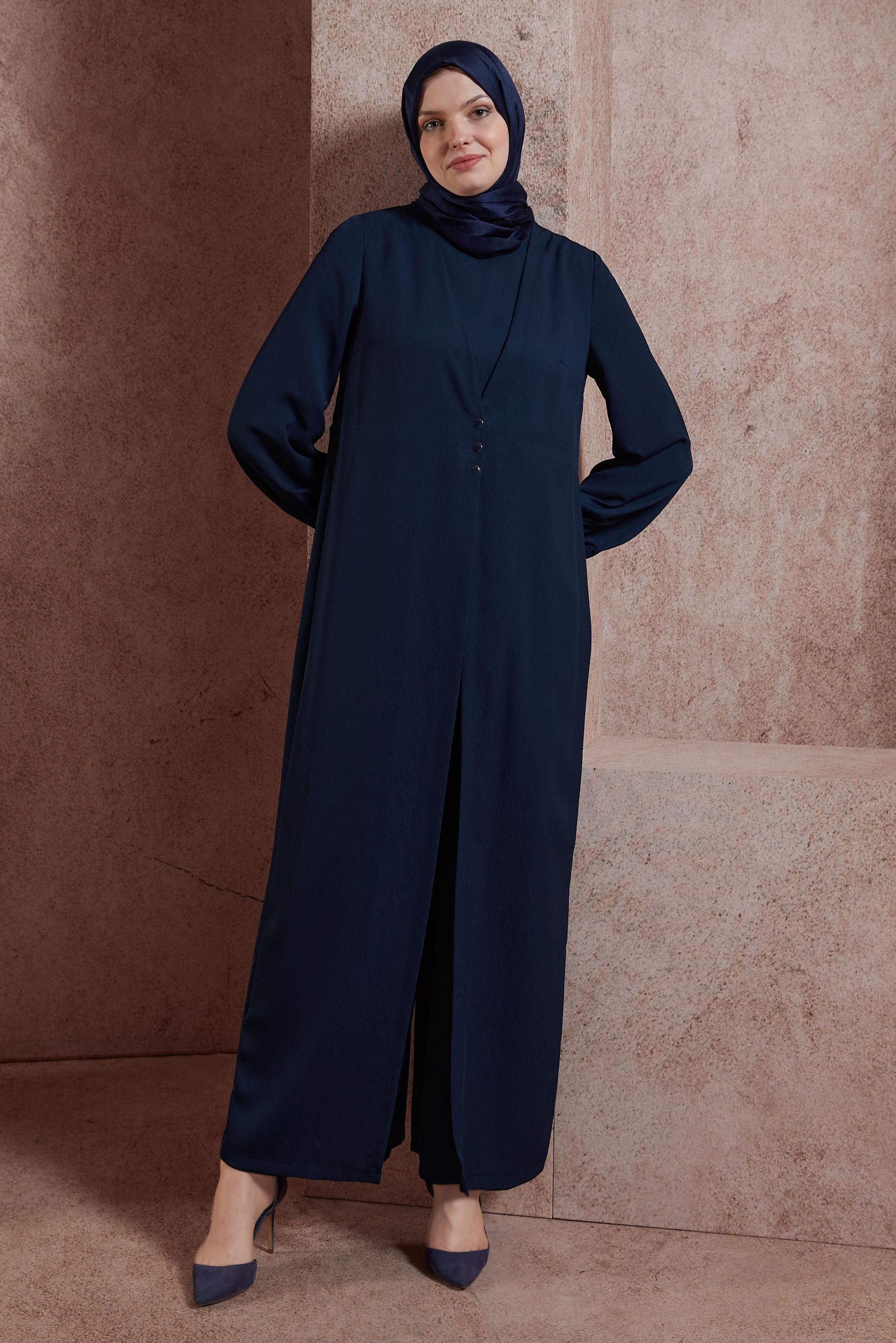 Tesettür giyim LACİVERT HIRKA GÖRÜNÜMLÜ DÜĞMELİ TULUM 42766 
