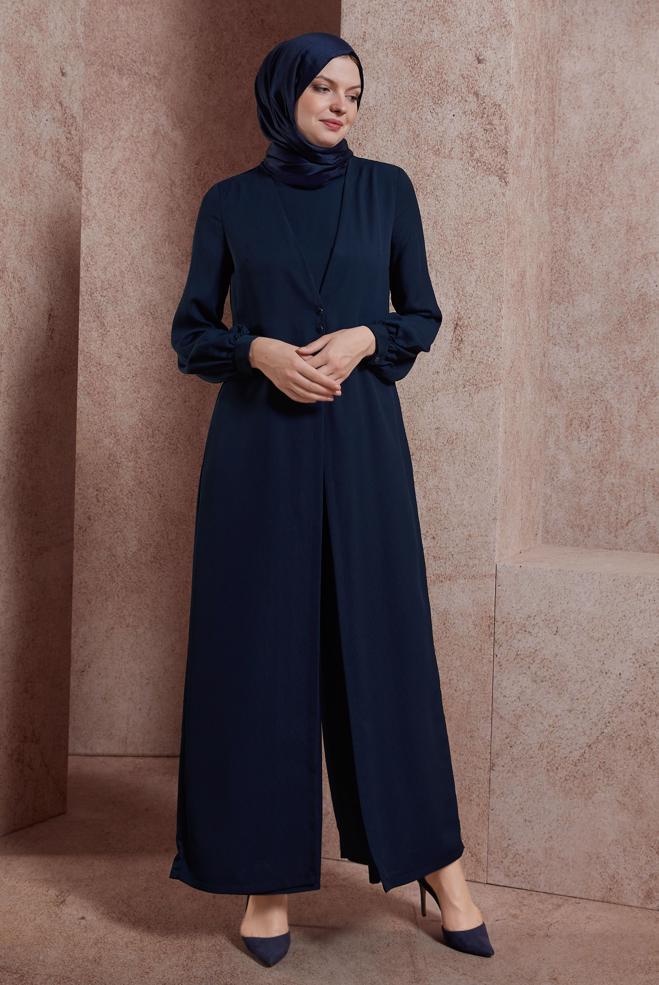 Tesettür giyim LACİVERT HIRKA GÖRÜNÜMLÜ DÜĞMELİ TULUM 42766  - ALVİNA