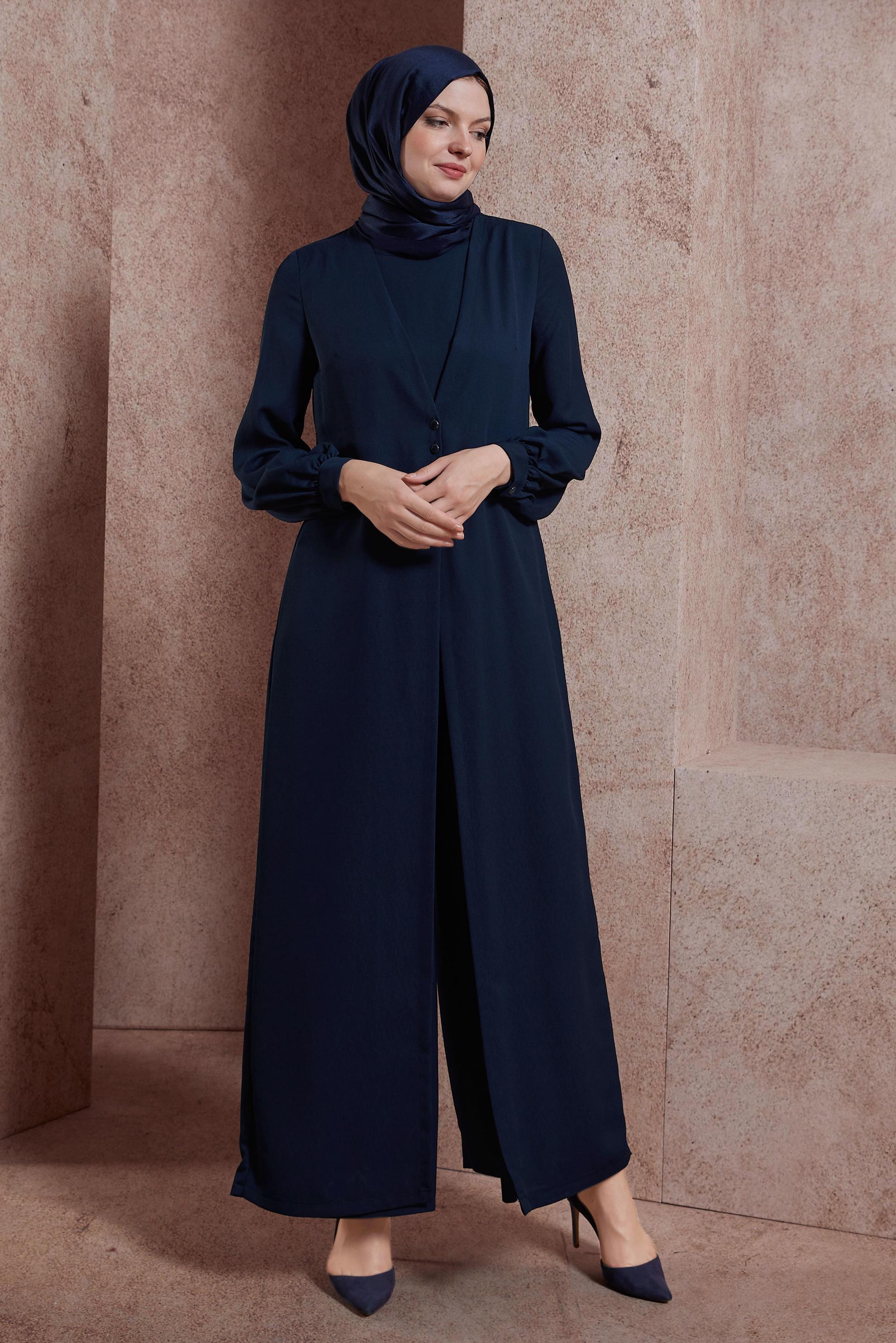 Tesettür giyim LACİVERT HIRKA GÖRÜNÜMLÜ DÜĞMELİ TULUM 42766 