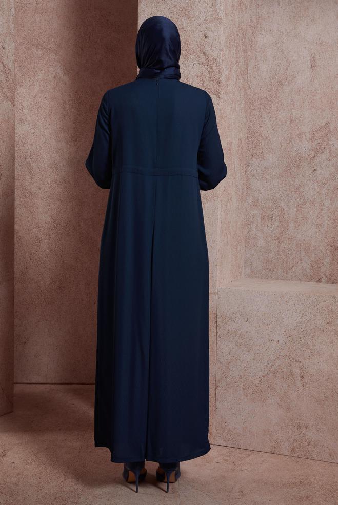 Tesettür giyim LACİVERT HIRKA GÖRÜNÜMLÜ DÜĞMELİ TULUM 42766  - ALVİNA