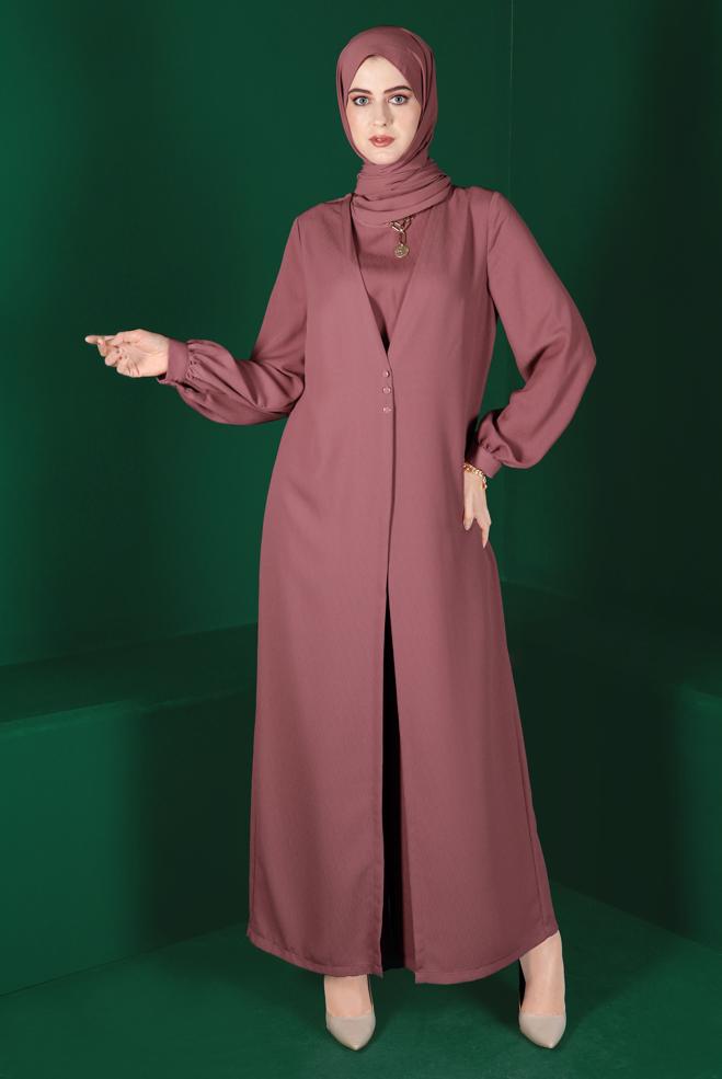 Tesettür giyim PEMBE HIRKA GÖRÜNÜMLÜ DÜĞMELİ TULUM 42766  - ALVİNA