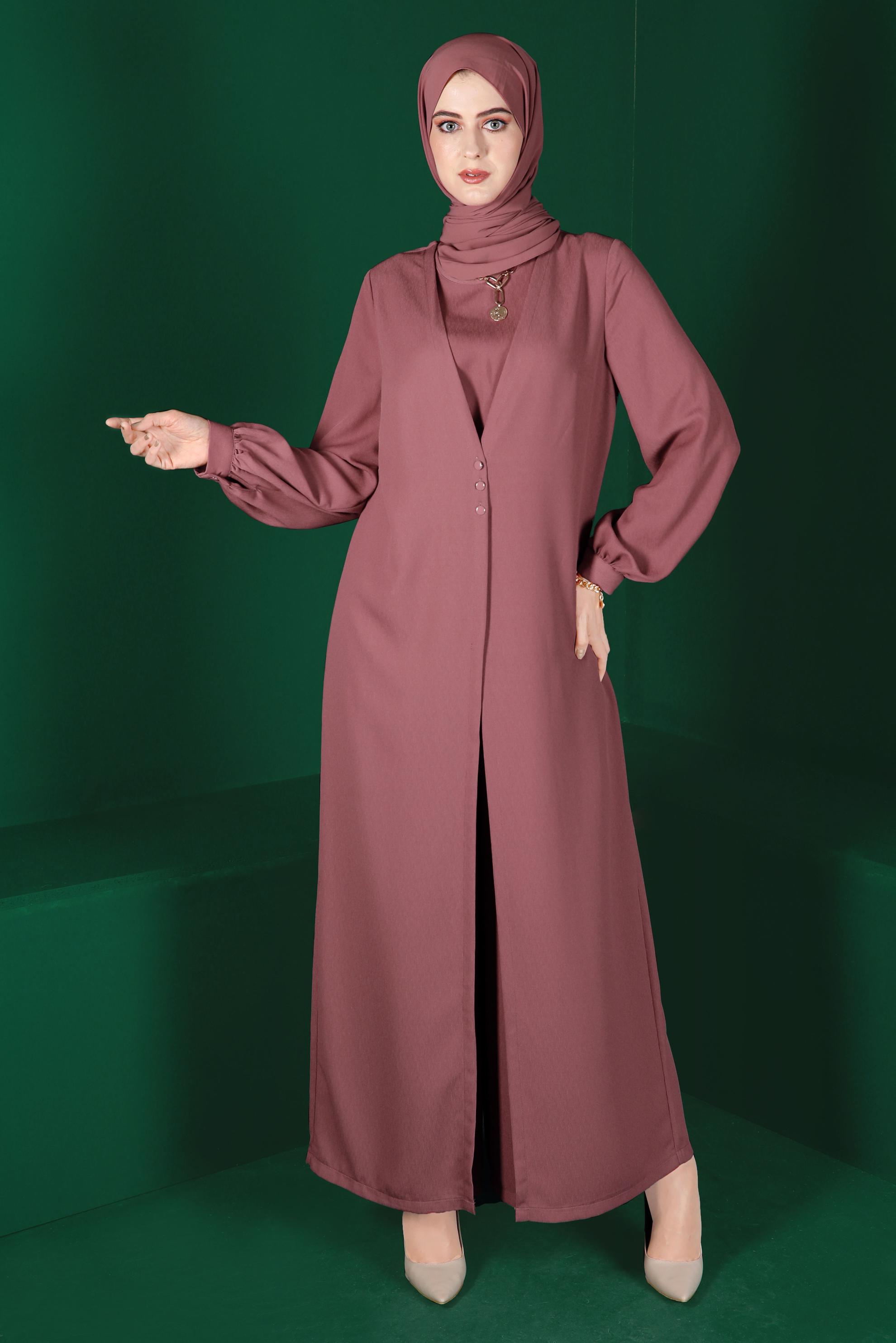 Tesettür giyim PEMBE HIRKA GÖRÜNÜMLÜ DÜĞMELİ TULUM 42766 