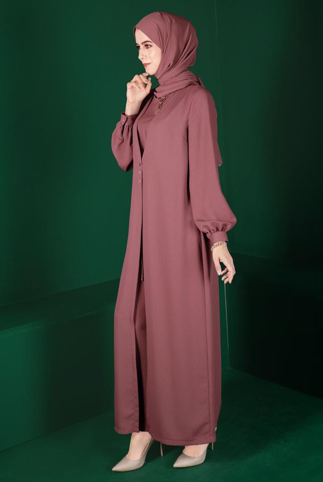 Tesettür giyim PEMBE HIRKA GÖRÜNÜMLÜ DÜĞMELİ TULUM 42766  - ALVİNA