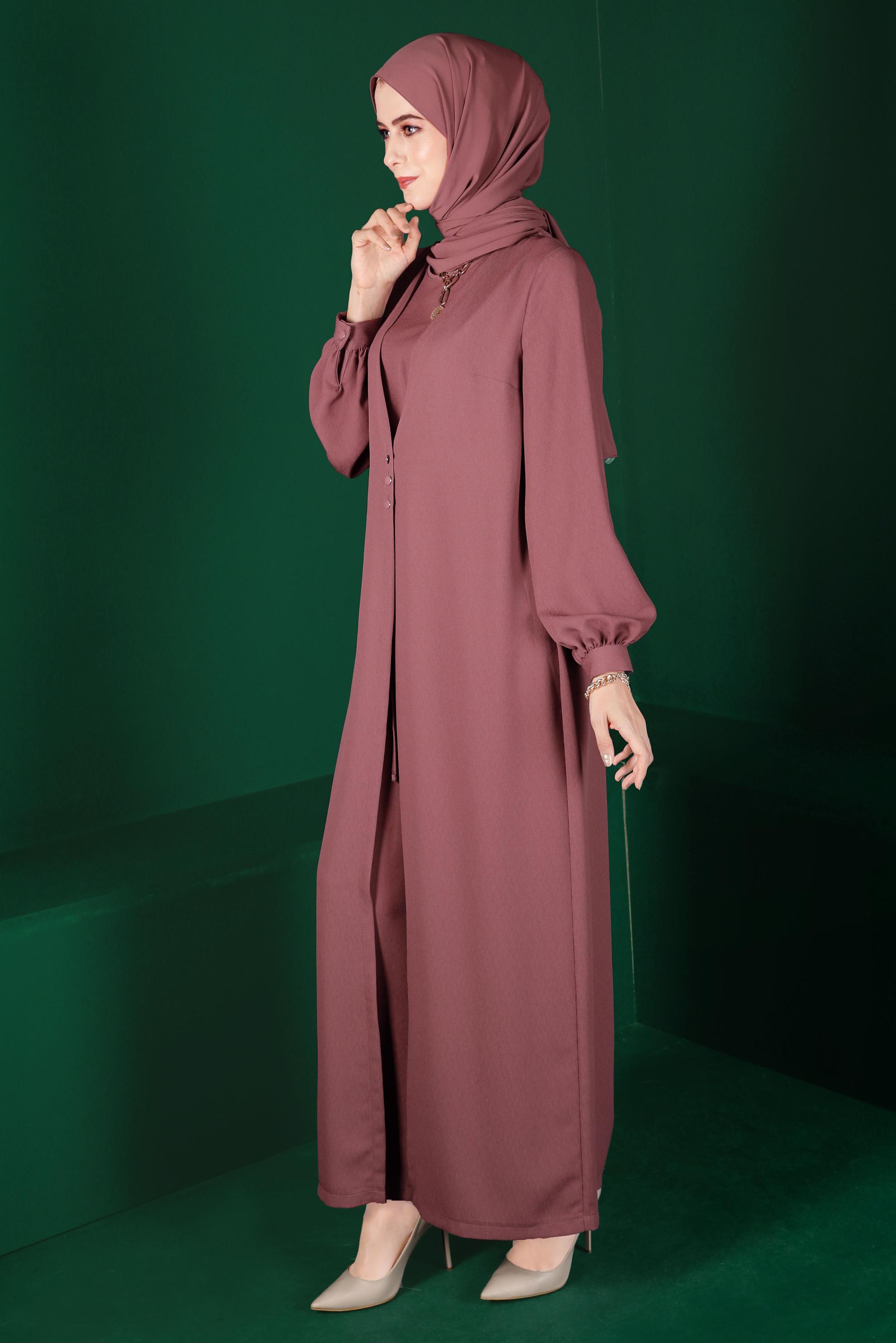 Tesettür giyim PEMBE HIRKA GÖRÜNÜMLÜ DÜĞMELİ TULUM 42766 