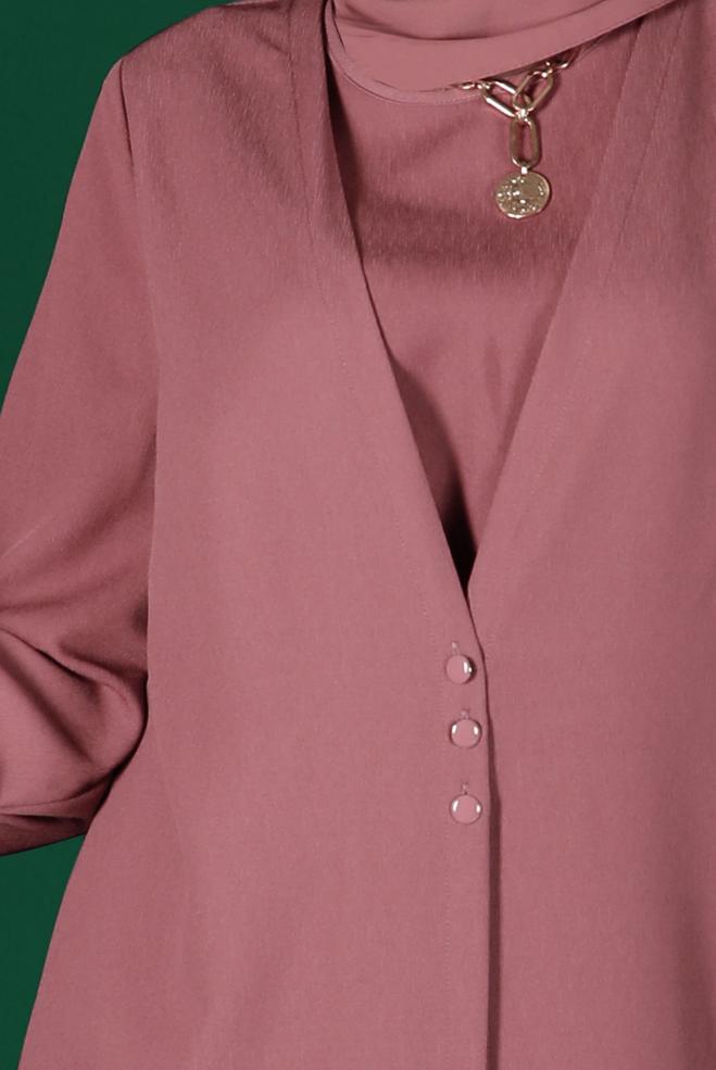 Tesettür giyim PEMBE HIRKA GÖRÜNÜMLÜ DÜĞMELİ TULUM 42766  - ALVİNA