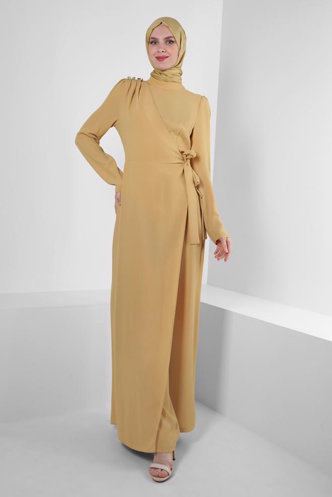 Tesettür giyim SARI BAĞLAMA DETAYLI KREP TULUM 42885 - ALVİNA