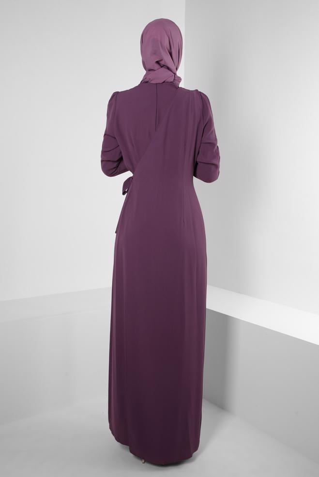 Tesettür giyim MOR BAĞLAMA DETAYLI KREP TULUM 42885 - ALVİNA