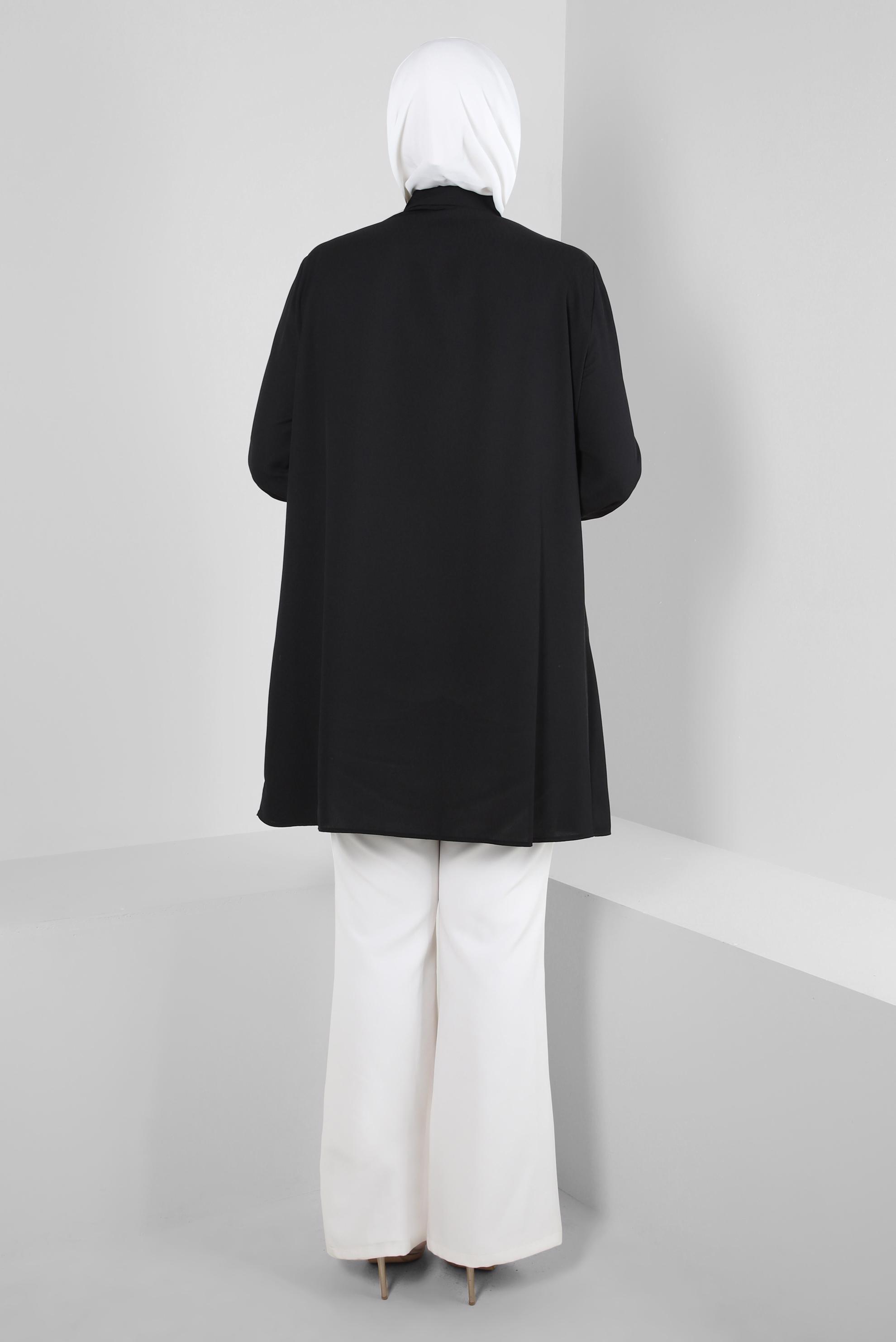 Tesettür giyim SİYAH GÖMLEK YAKA TAŞ DETAYLI TUNİK 20233