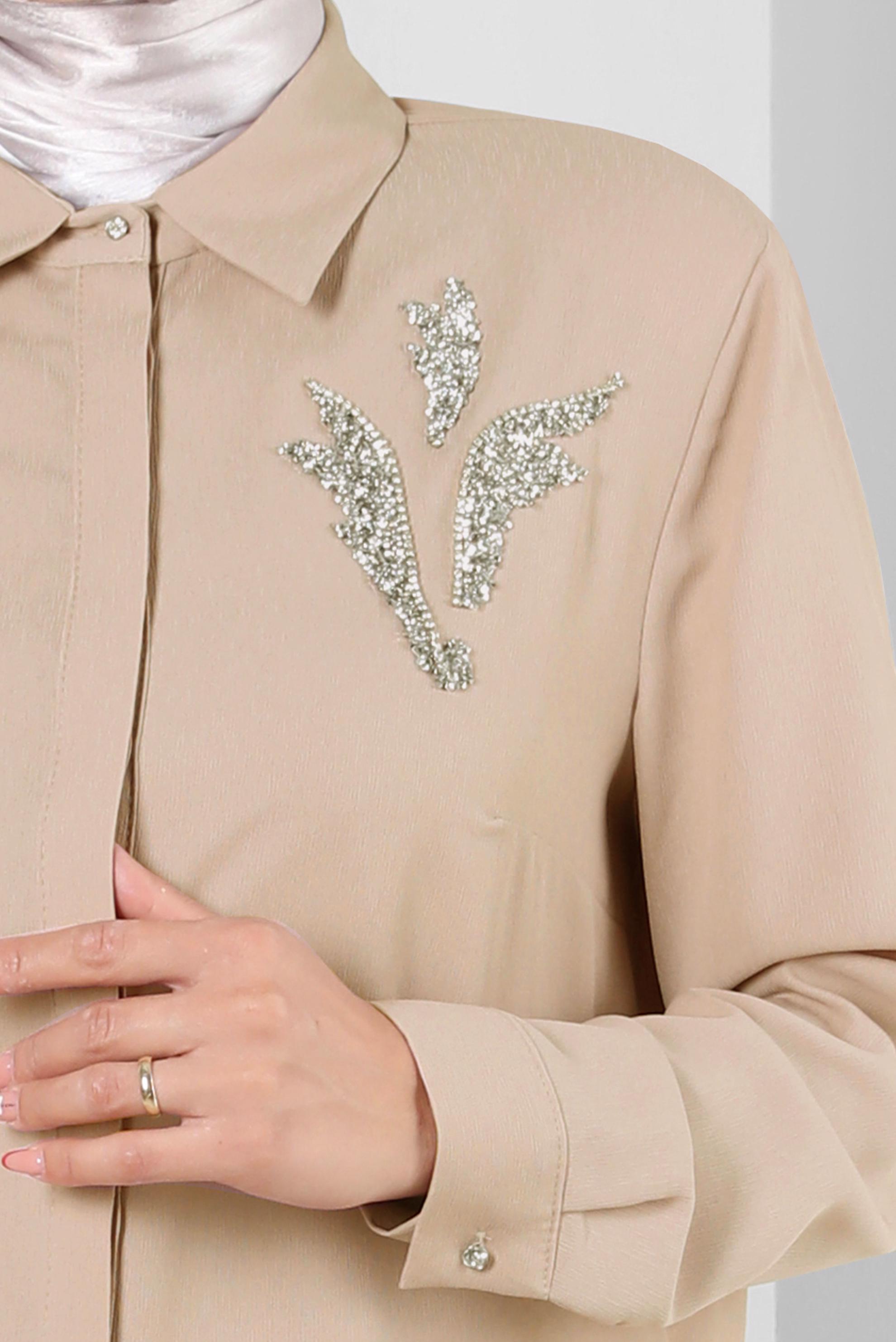 Tesettür giyim BEJ GÖMLEK YAKA TAŞ DETAYLI TUNİK 20233