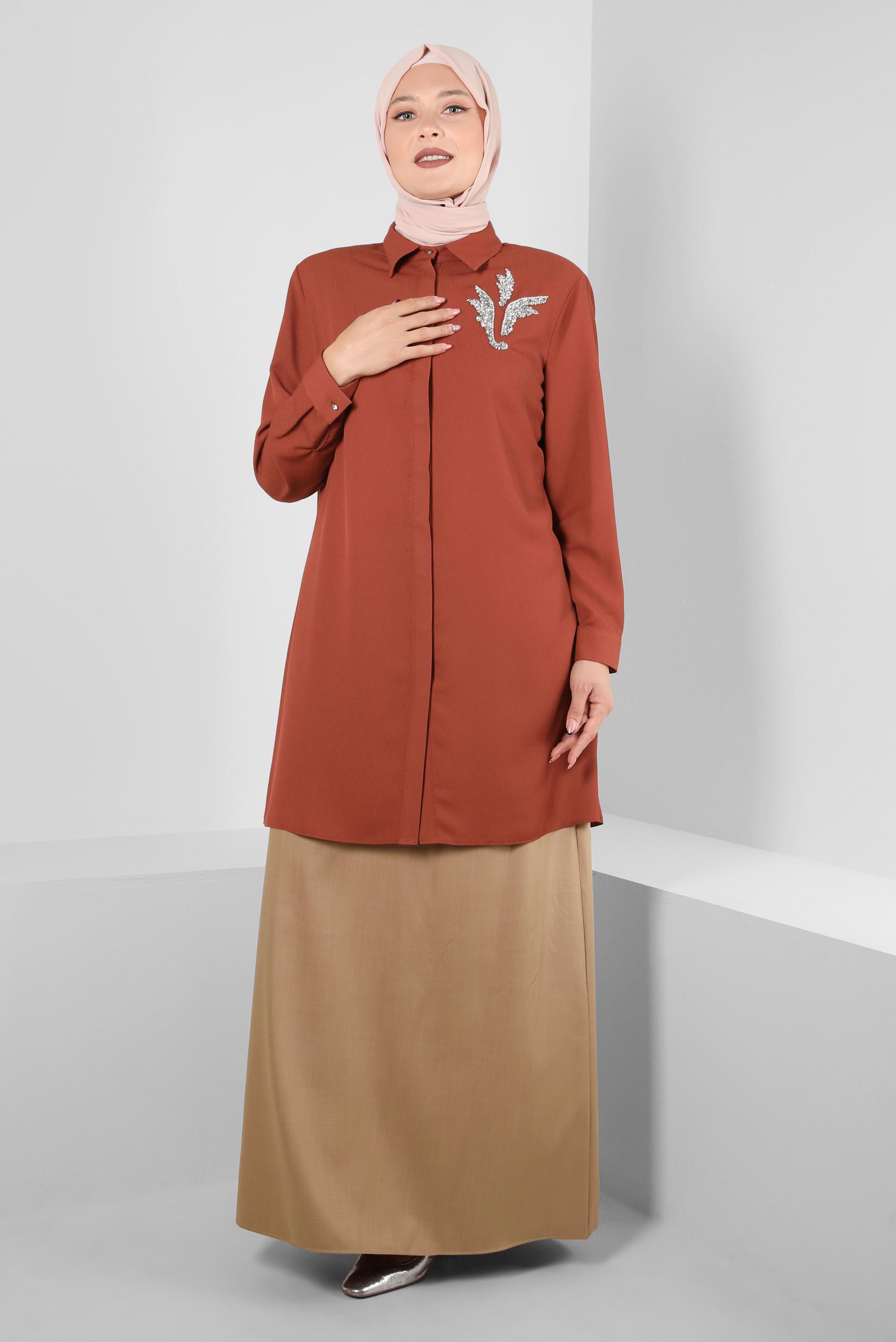 Tesettür giyim TURUNCU GÖMLEK YAKA TAŞ DETAYLI TUNİK 20233