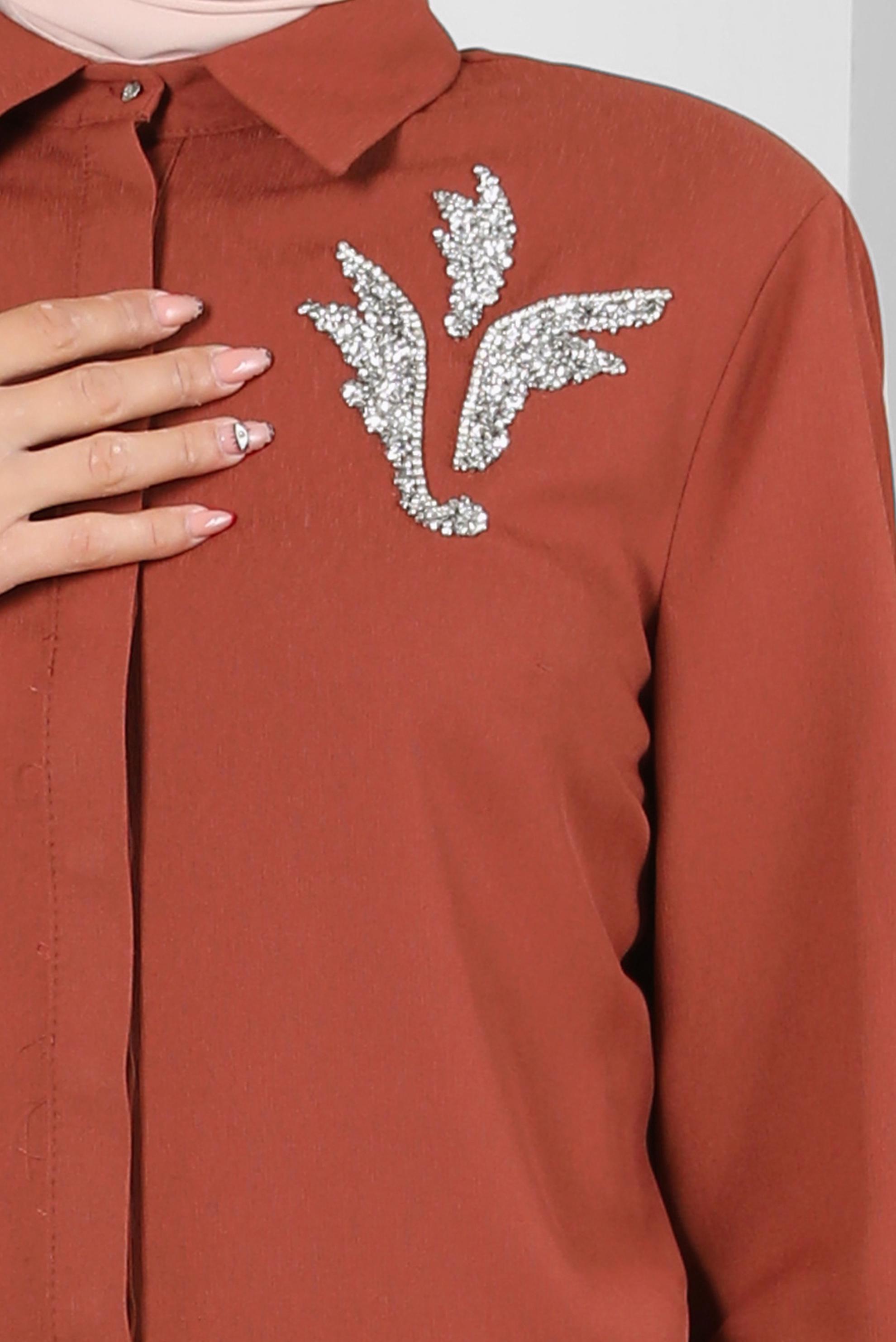 Tesettür giyim TURUNCU GÖMLEK YAKA TAŞ DETAYLI TUNİK 20233