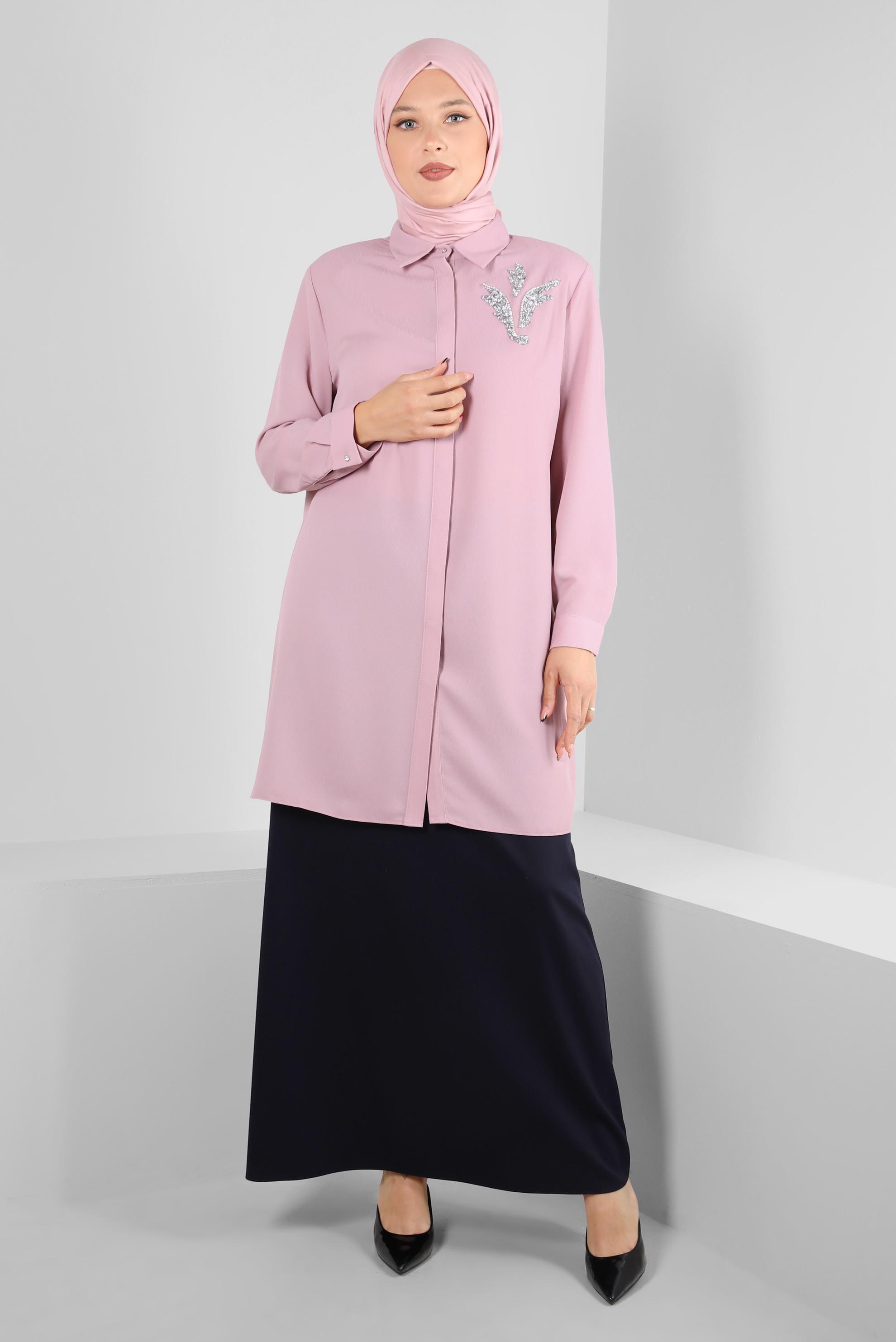 Tesettür giyim PUDRA GÖMLEK YAKA TAŞ DETAYLI TUNİK 20233