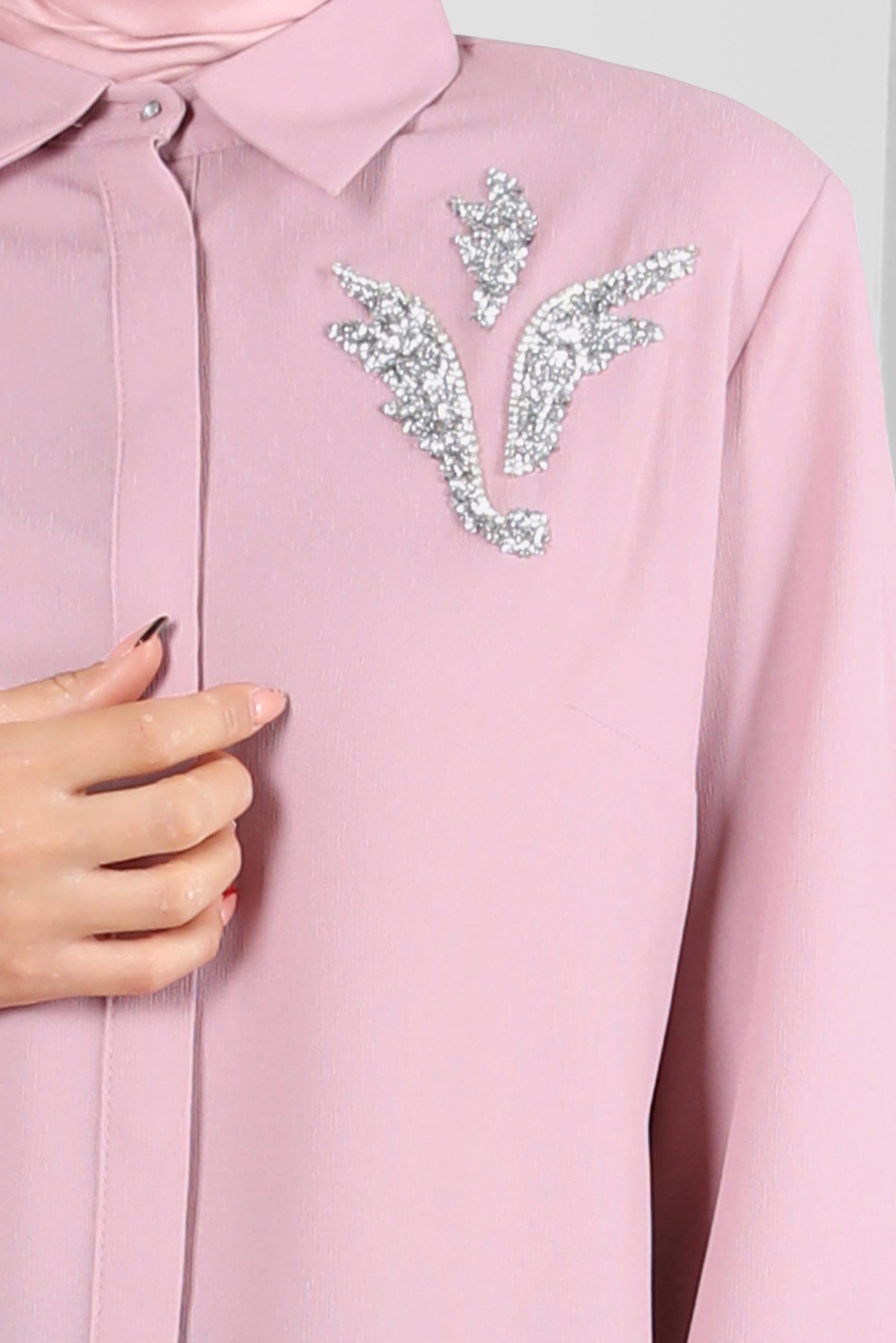 Tesettür giyim PUDRA GÖMLEK YAKA TAŞ DETAYLI TUNİK 20233