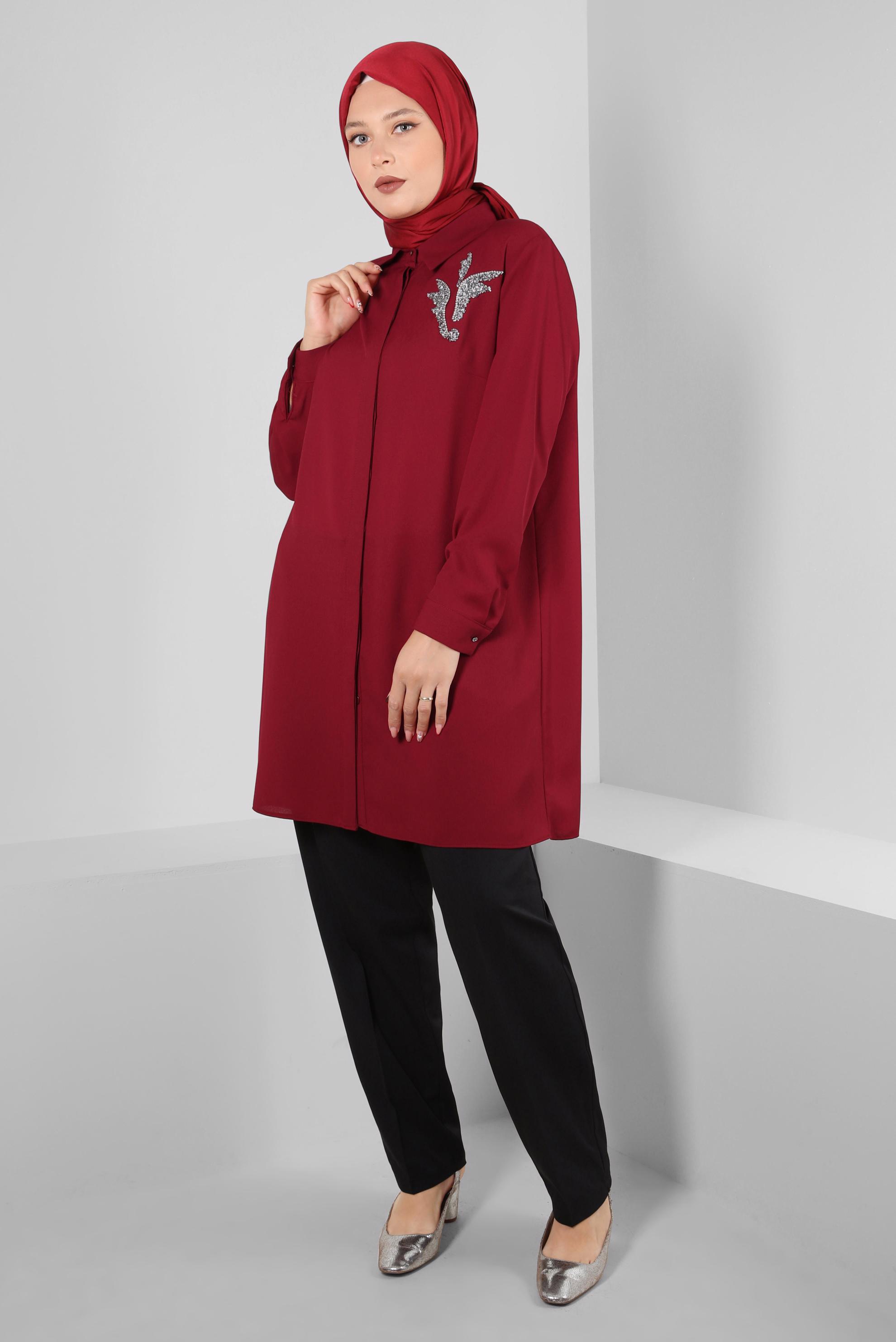 Tesettür giyim BORDO GÖMLEK YAKA TAŞ DETAYLI TUNİK 20233