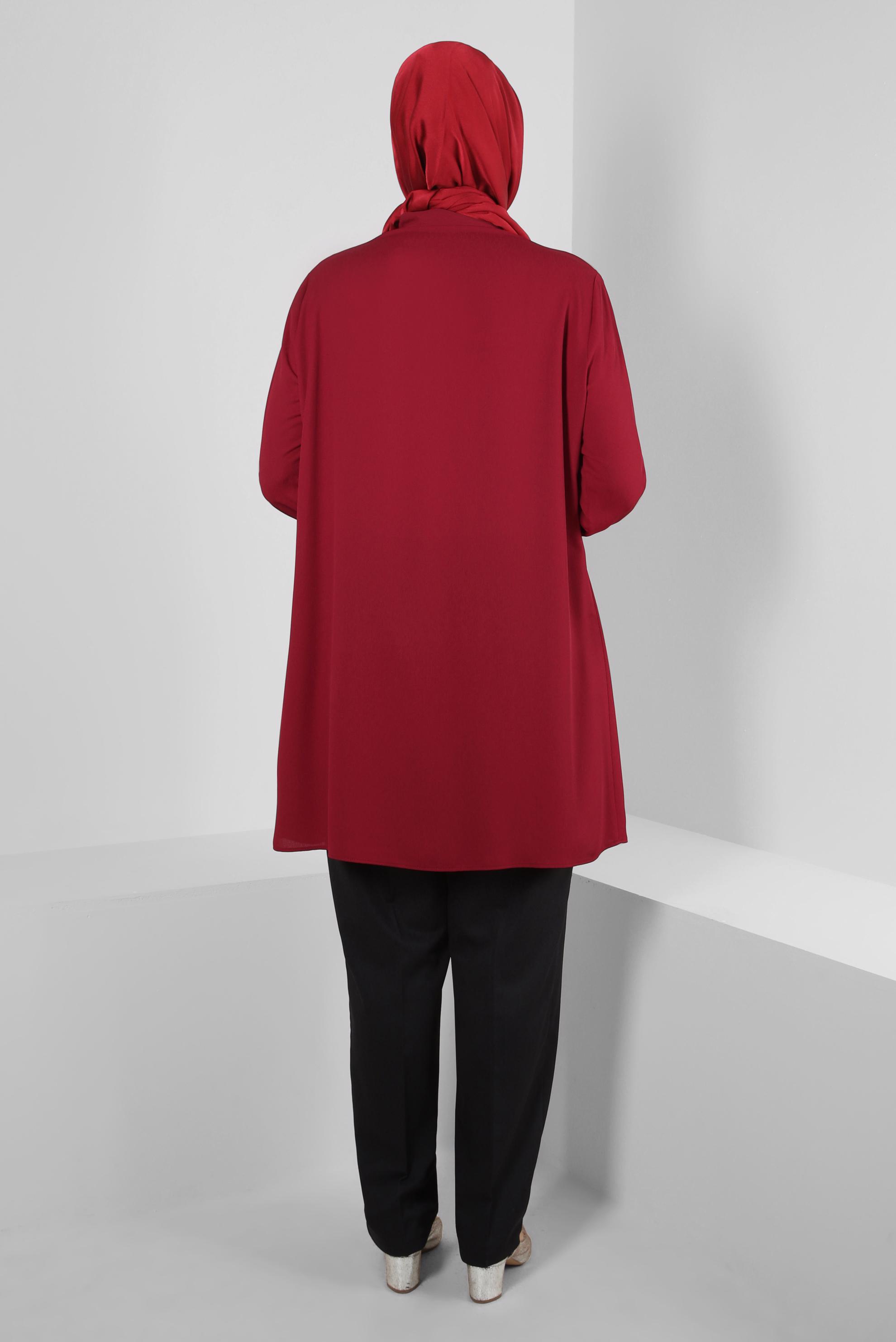 Tesettür giyim BORDO GÖMLEK YAKA TAŞ DETAYLI TUNİK 20233