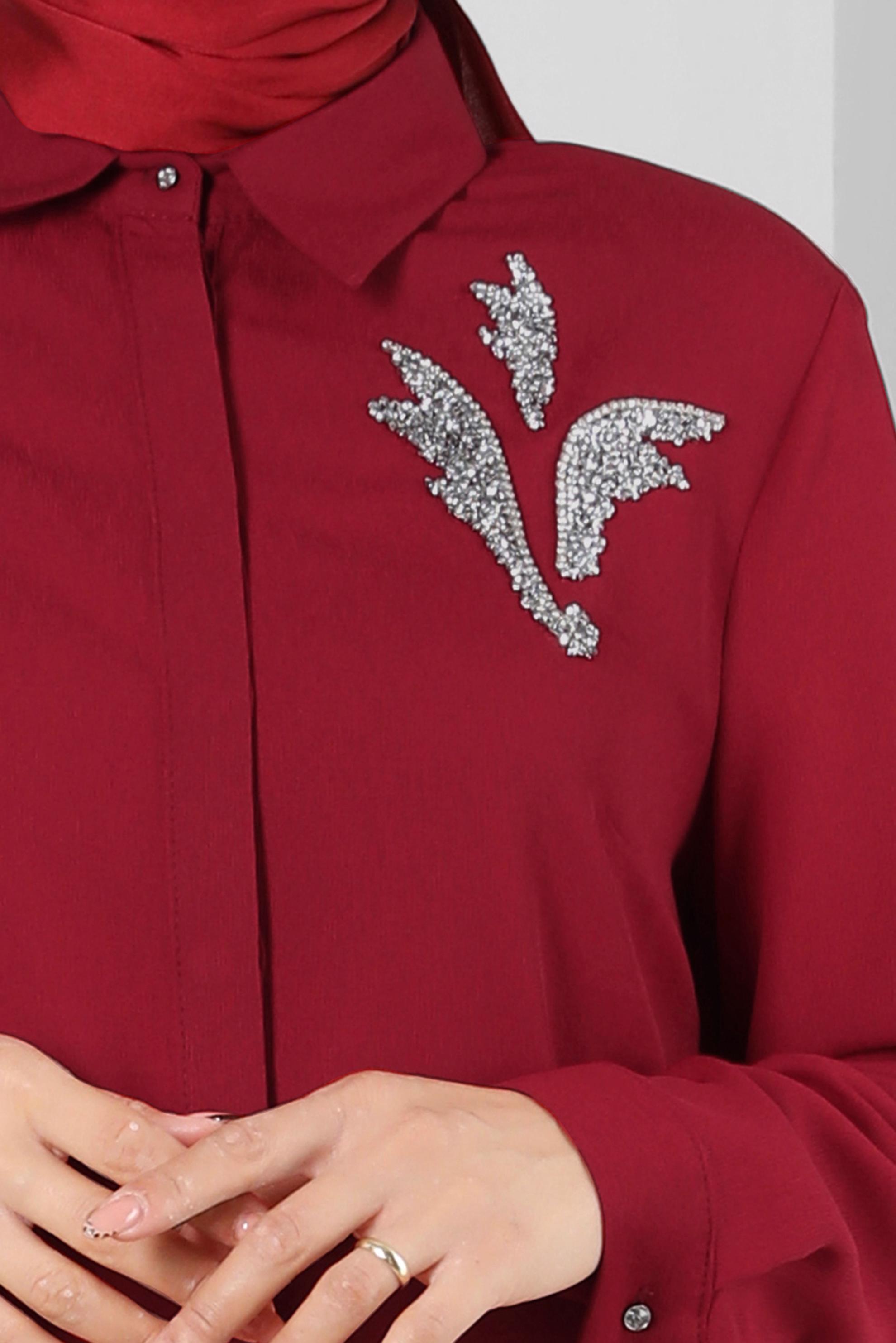 Tesettür giyim BORDO GÖMLEK YAKA TAŞ DETAYLI TUNİK 20233