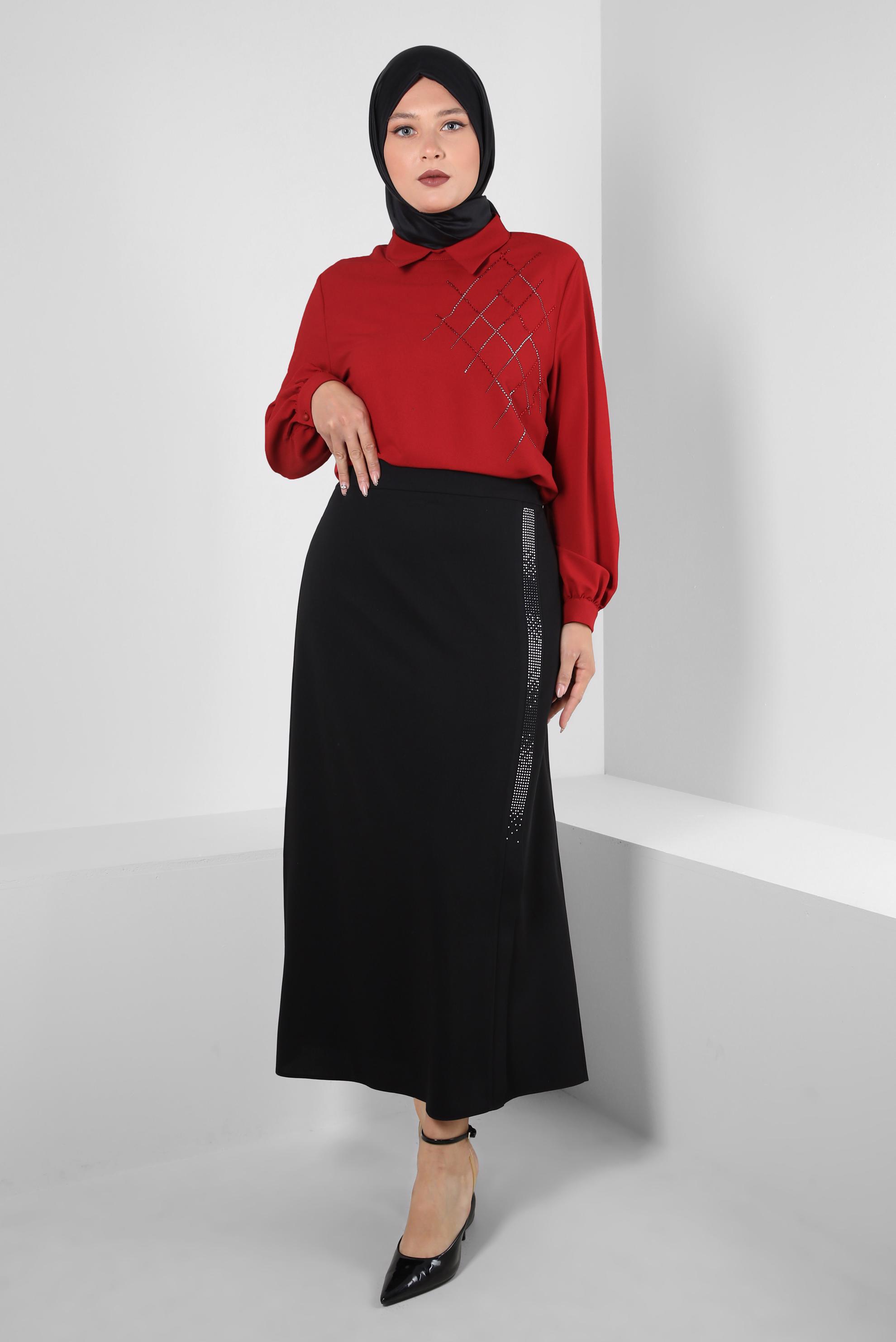 Tesettür giyim KIRMIZI BÜYÜK BEDEN TAŞ DETAYLI TUNİK 20236