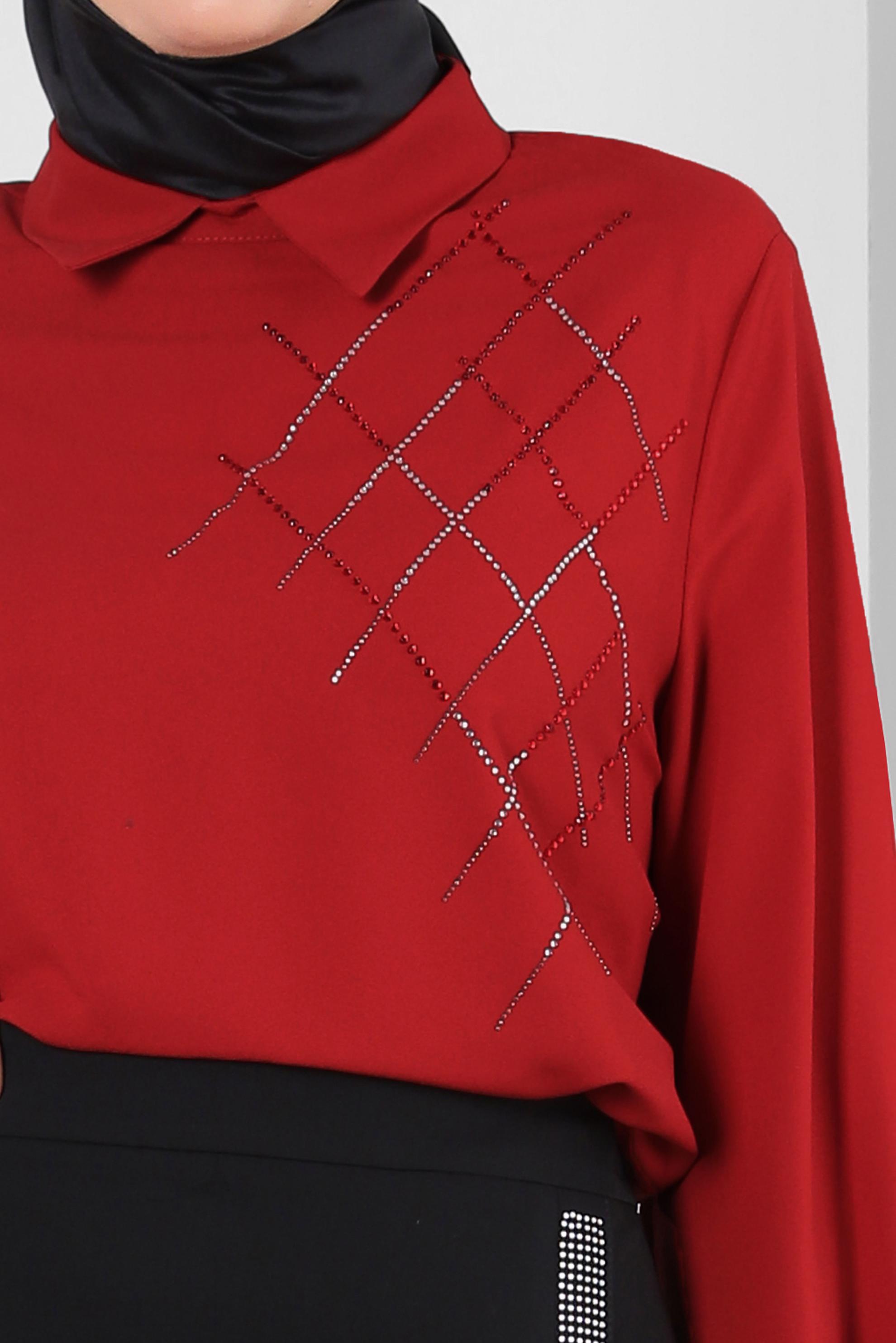 Tesettür giyim KIRMIZI BÜYÜK BEDEN TAŞ DETAYLI TUNİK 20236