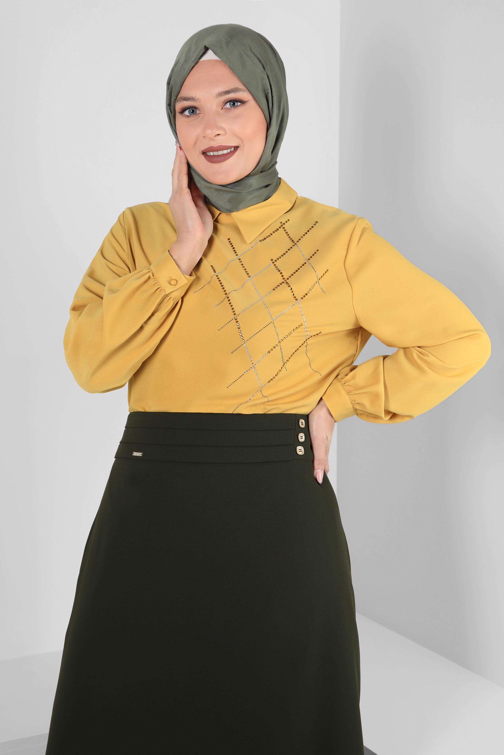 Tesettür giyim SARI BÜYÜK BEDEN TAŞ DETAYLI TUNİK 20236