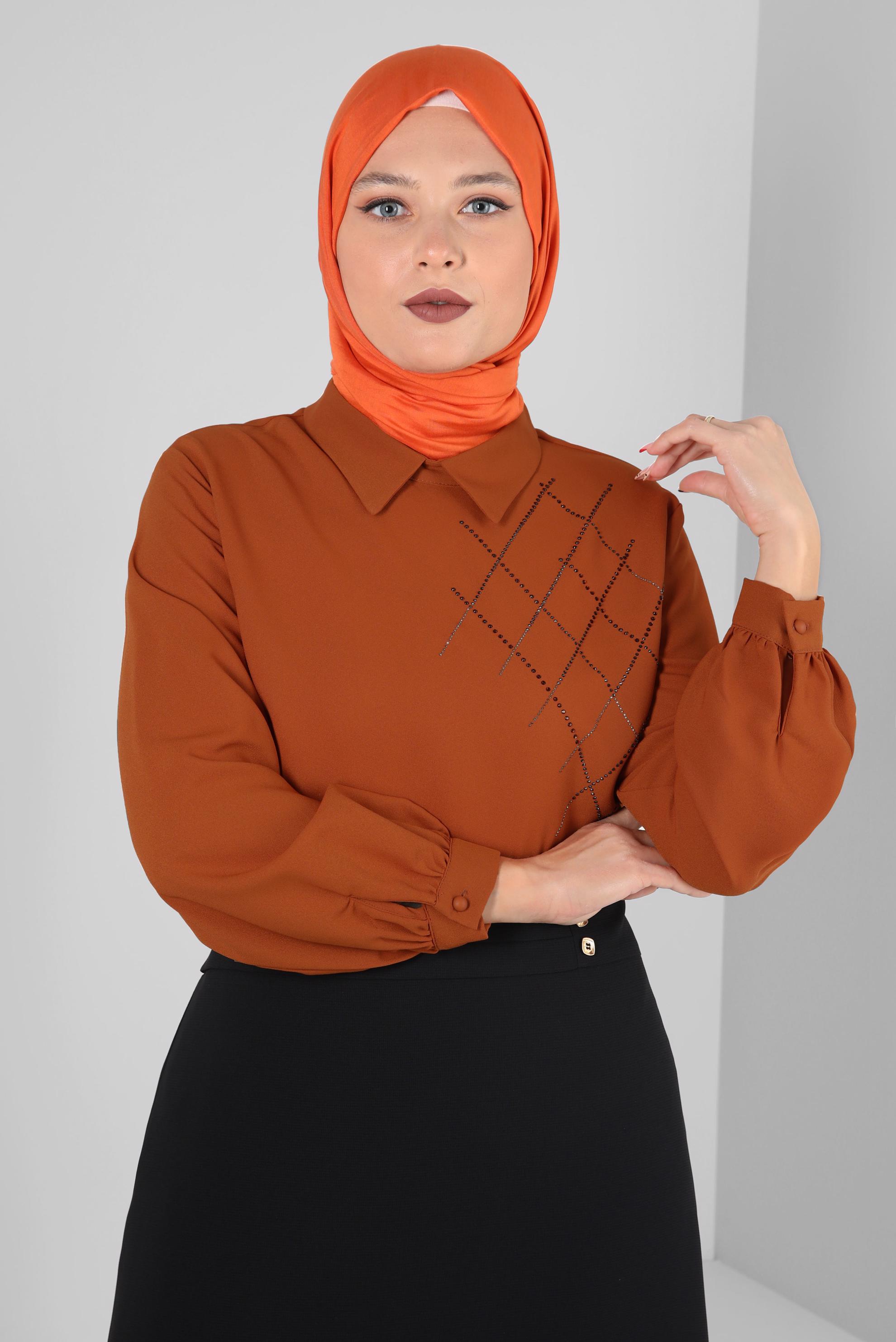 Tesettür giyim TURUNCU BÜYÜK BEDEN TAŞ DETAYLI TUNİK 20236