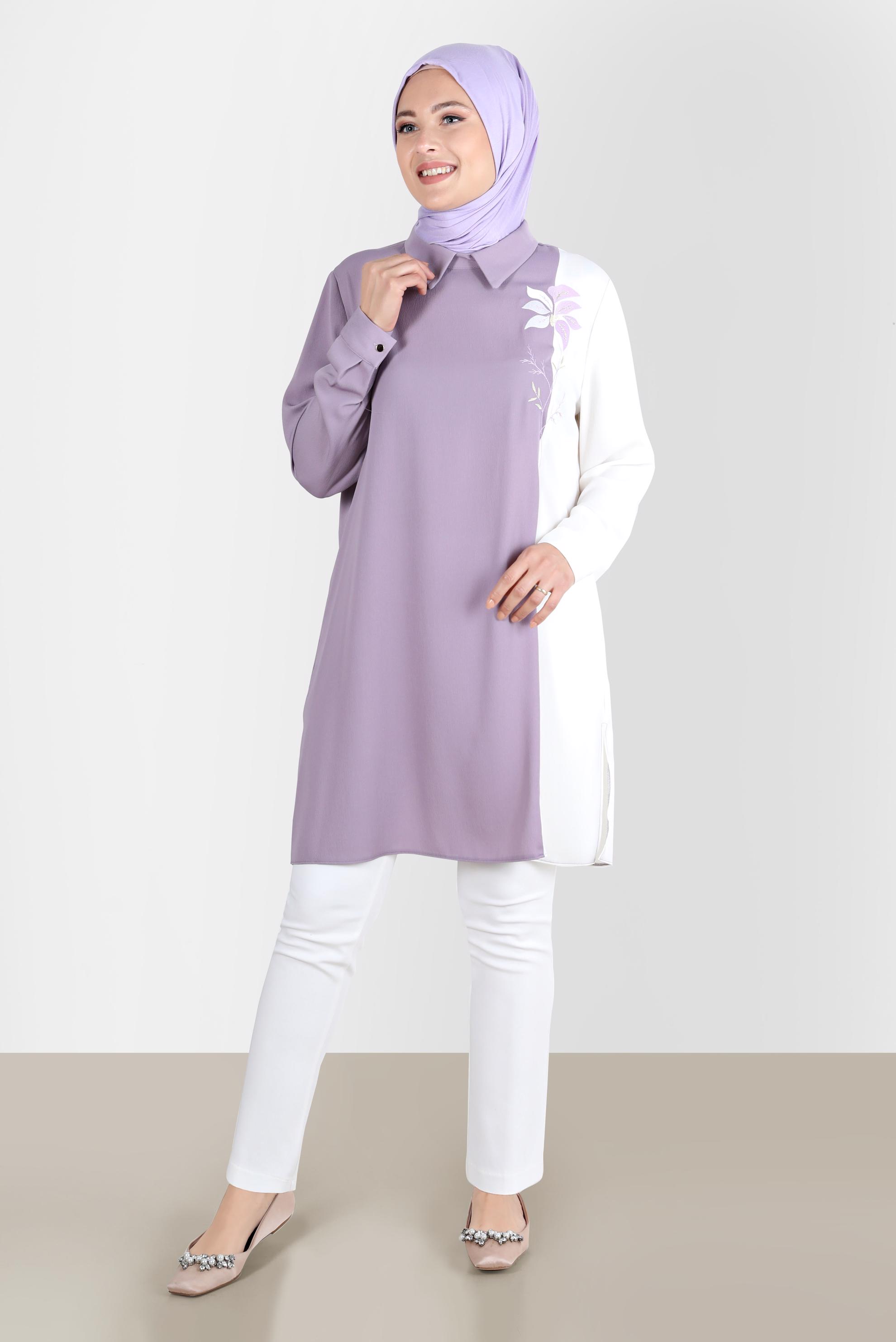 Tesettür giyim MOR NAKIŞLI İKİ RENK AEROBIN TUNİK 20239 