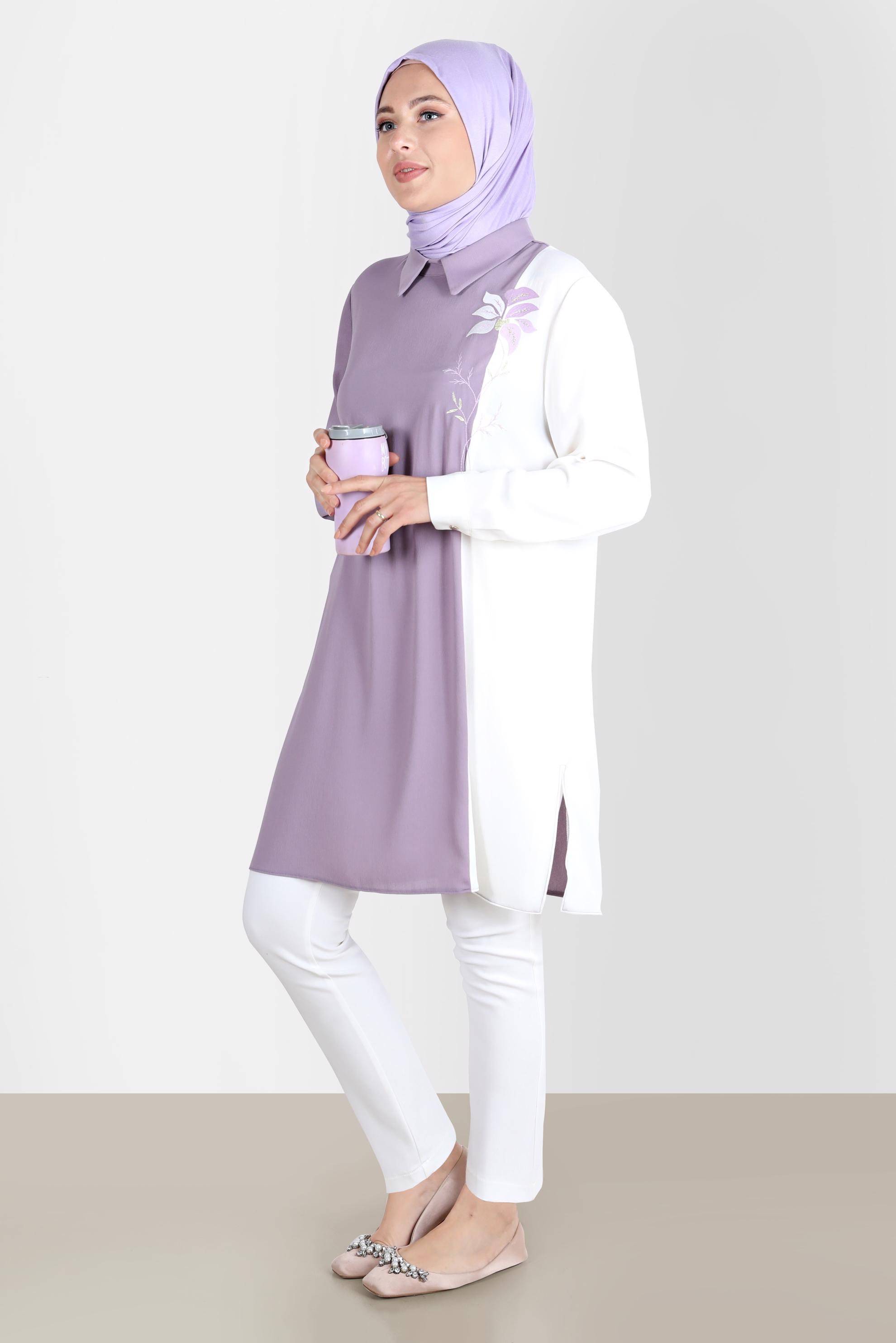 Tesettür giyim MOR NAKIŞLI İKİ RENK AEROBIN TUNİK 20239 