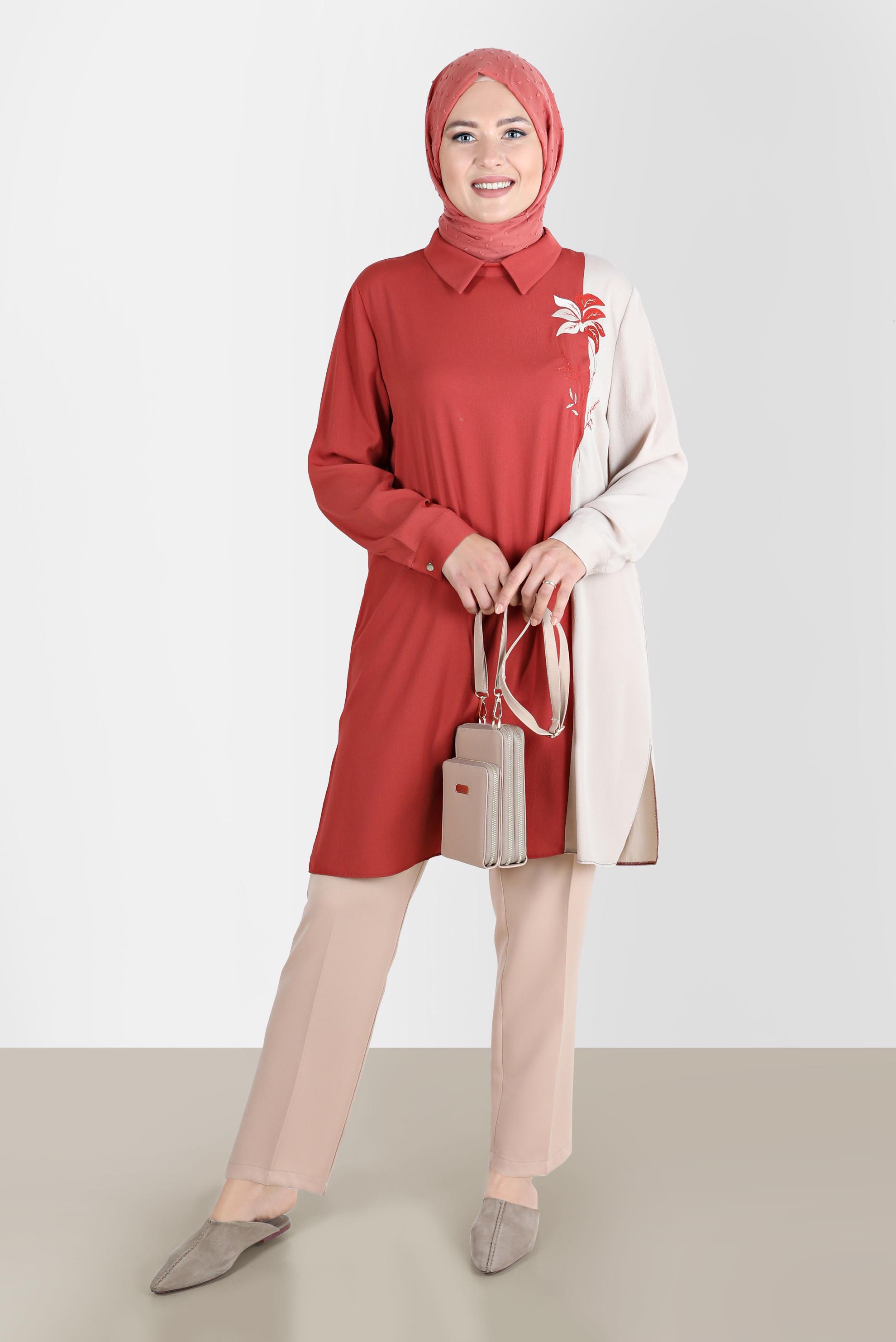 Tesettür giyim TURUNCU NAKIŞLI İKİ RENK AEROBIN TUNİK 20239 