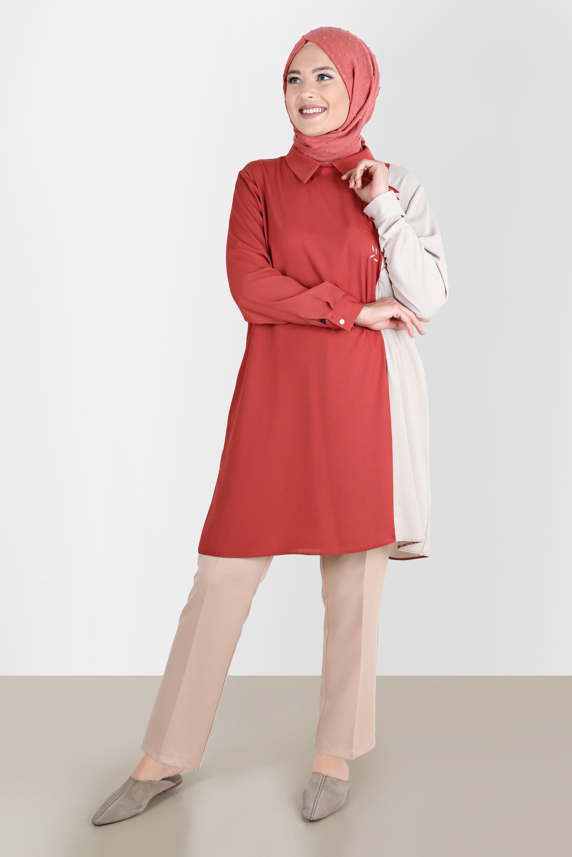 Tesettür giyim TURUNCU NAKIŞLI İKİ RENK AEROBIN TUNİK 20239 