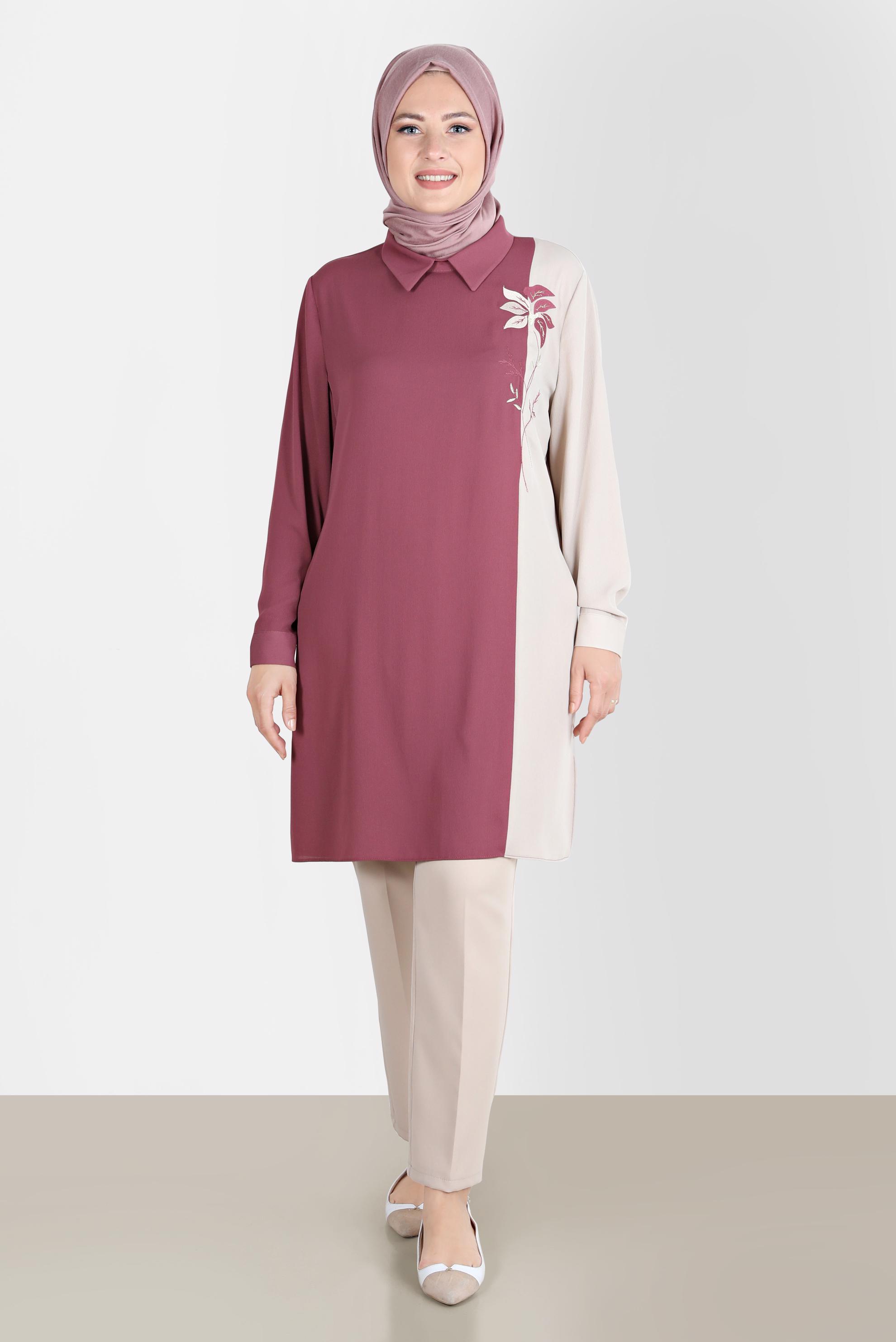 Tesettür giyim PEMBE NAKIŞLI İKİ RENK AEROBIN TUNİK 20239 