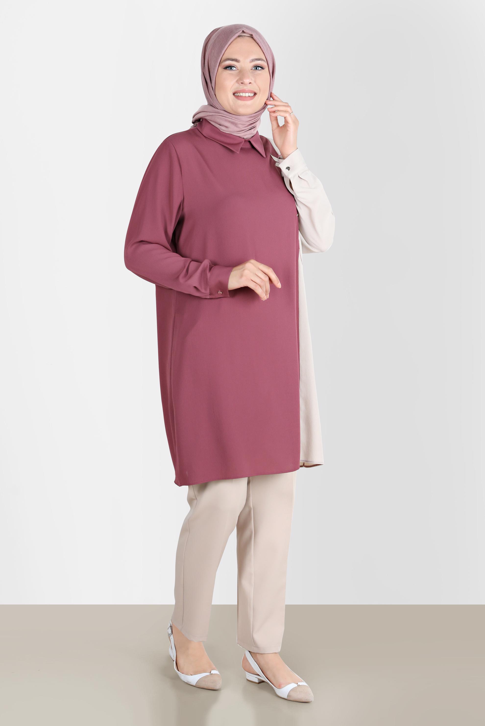 Tesettür giyim PEMBE NAKIŞLI İKİ RENK AEROBIN TUNİK 20239 