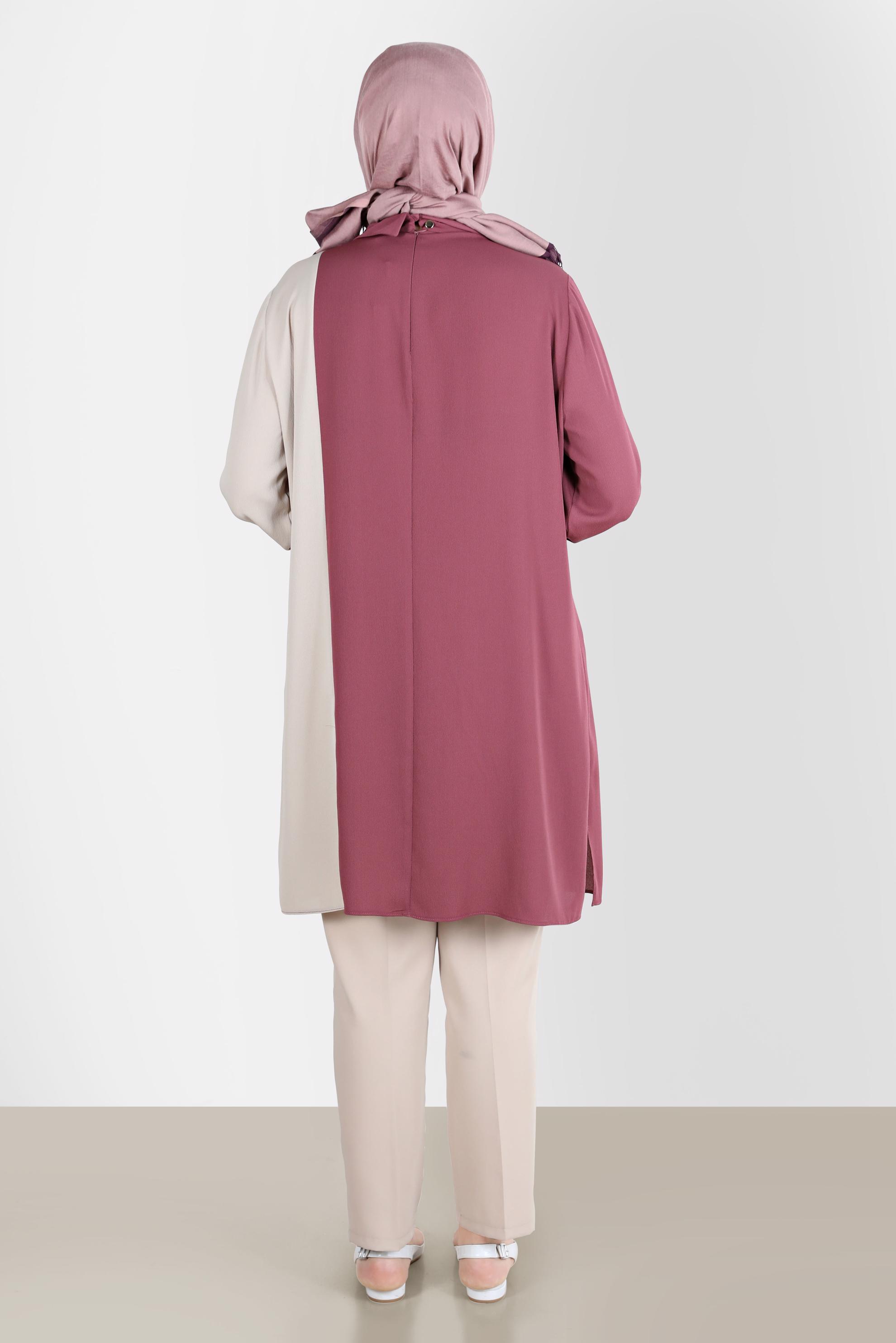 Tesettür giyim PEMBE NAKIŞLI İKİ RENK AEROBIN TUNİK 20239 