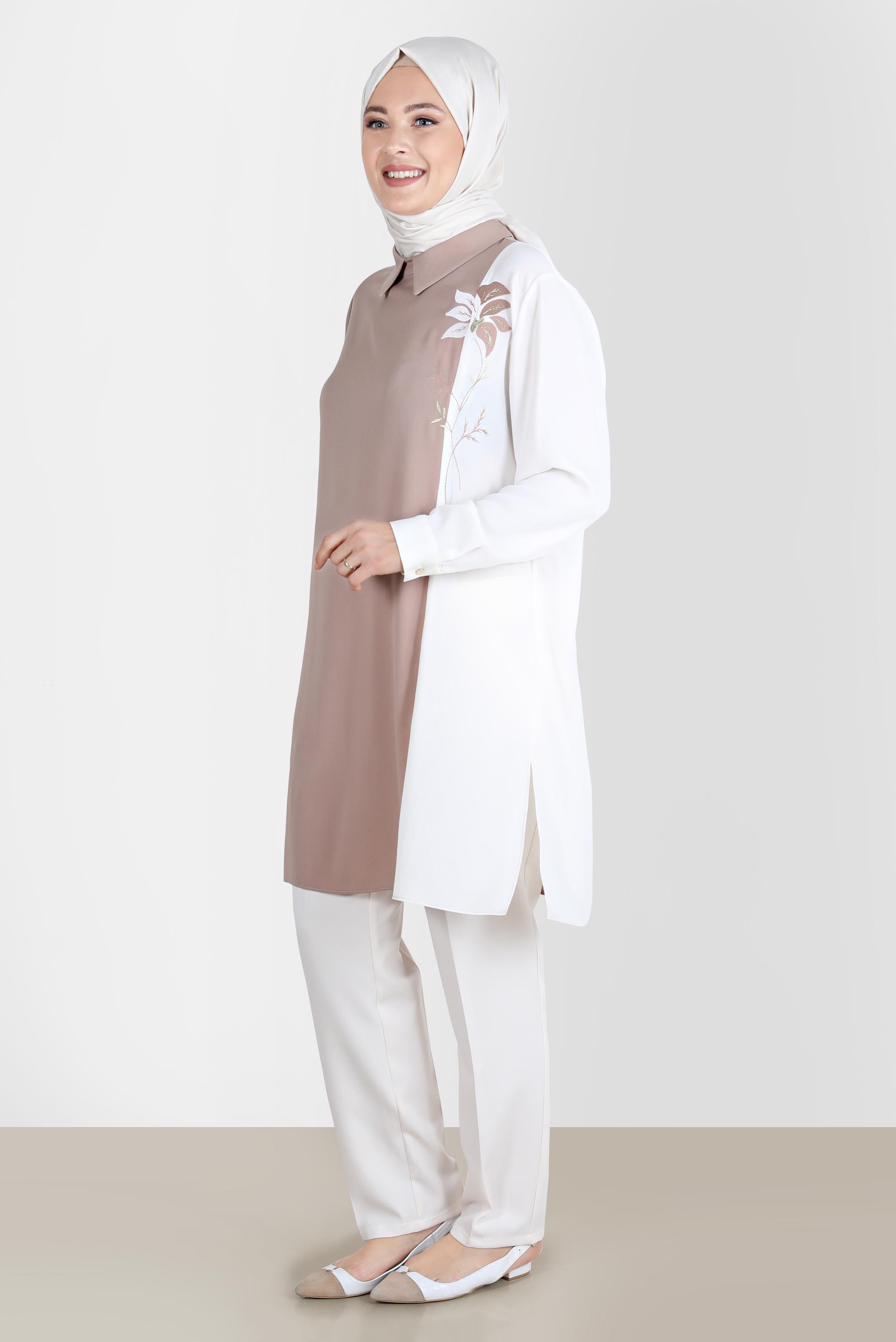 Tesettür giyim VİZON NAKIŞLI İKİ RENK AEROBIN TUNİK 20239 