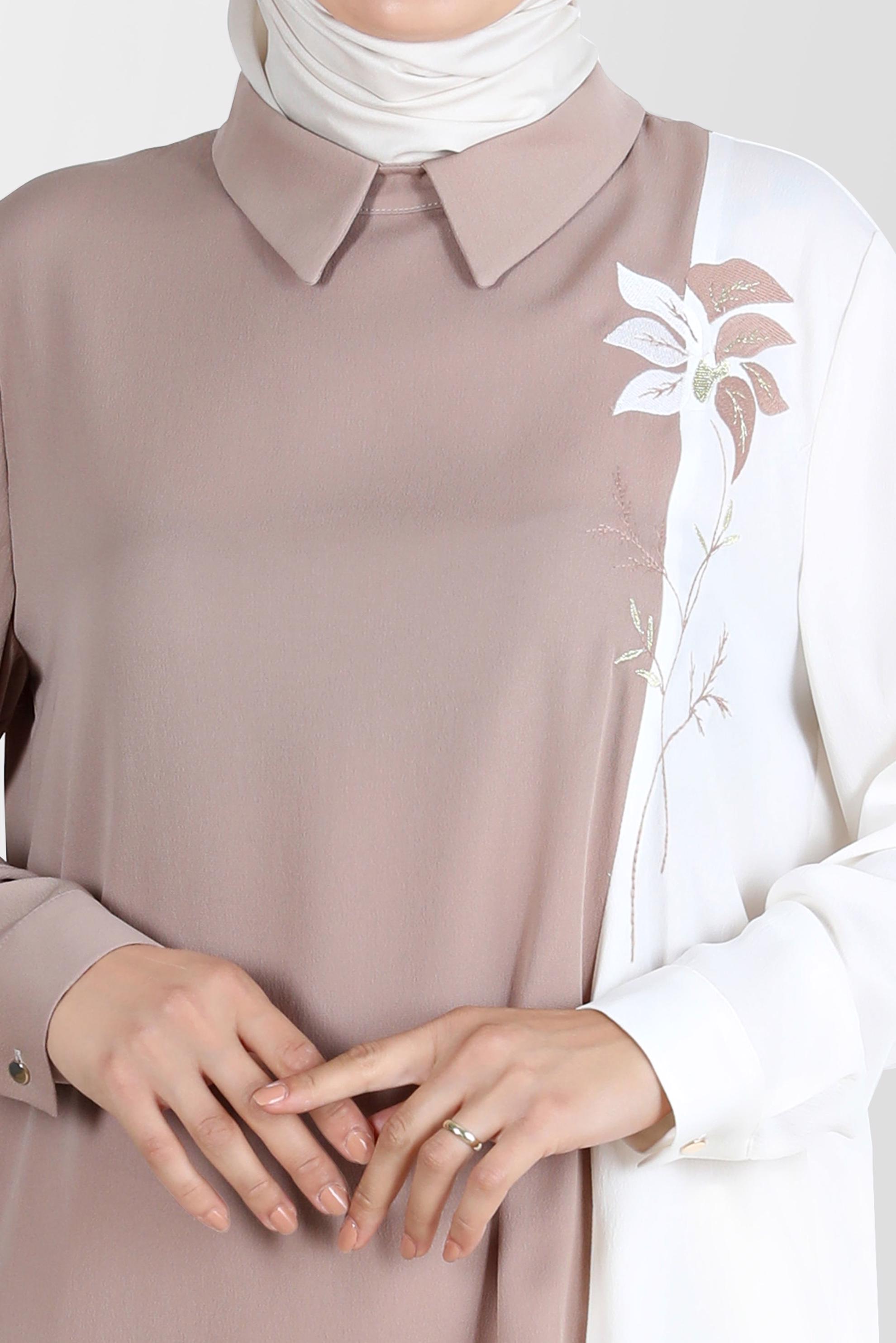 Tesettür giyim VİZON NAKIŞLI İKİ RENK AEROBIN TUNİK 20239 