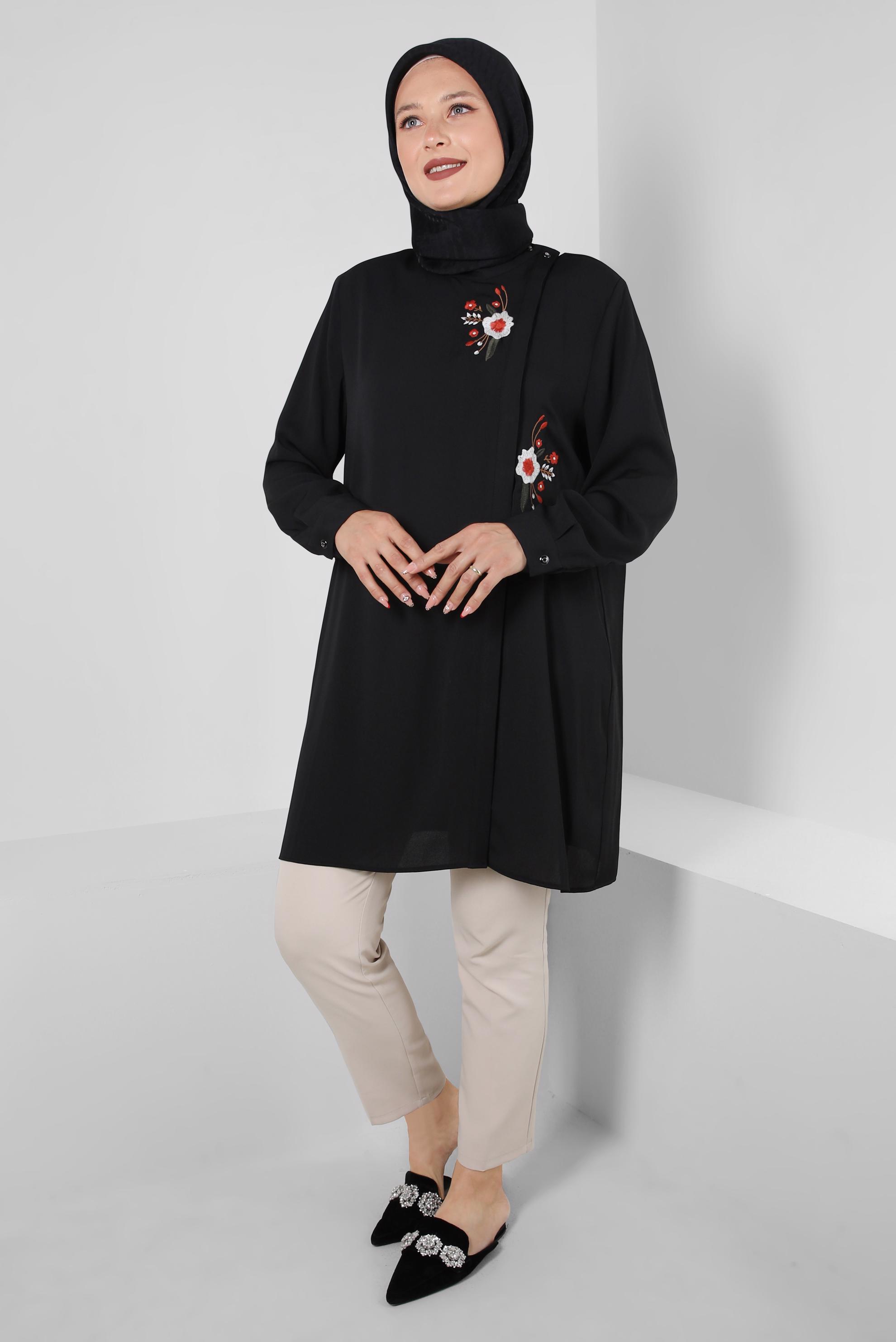 Vêtements hijab NOIR TUNIQUE À MOTIF FLEURI 20247