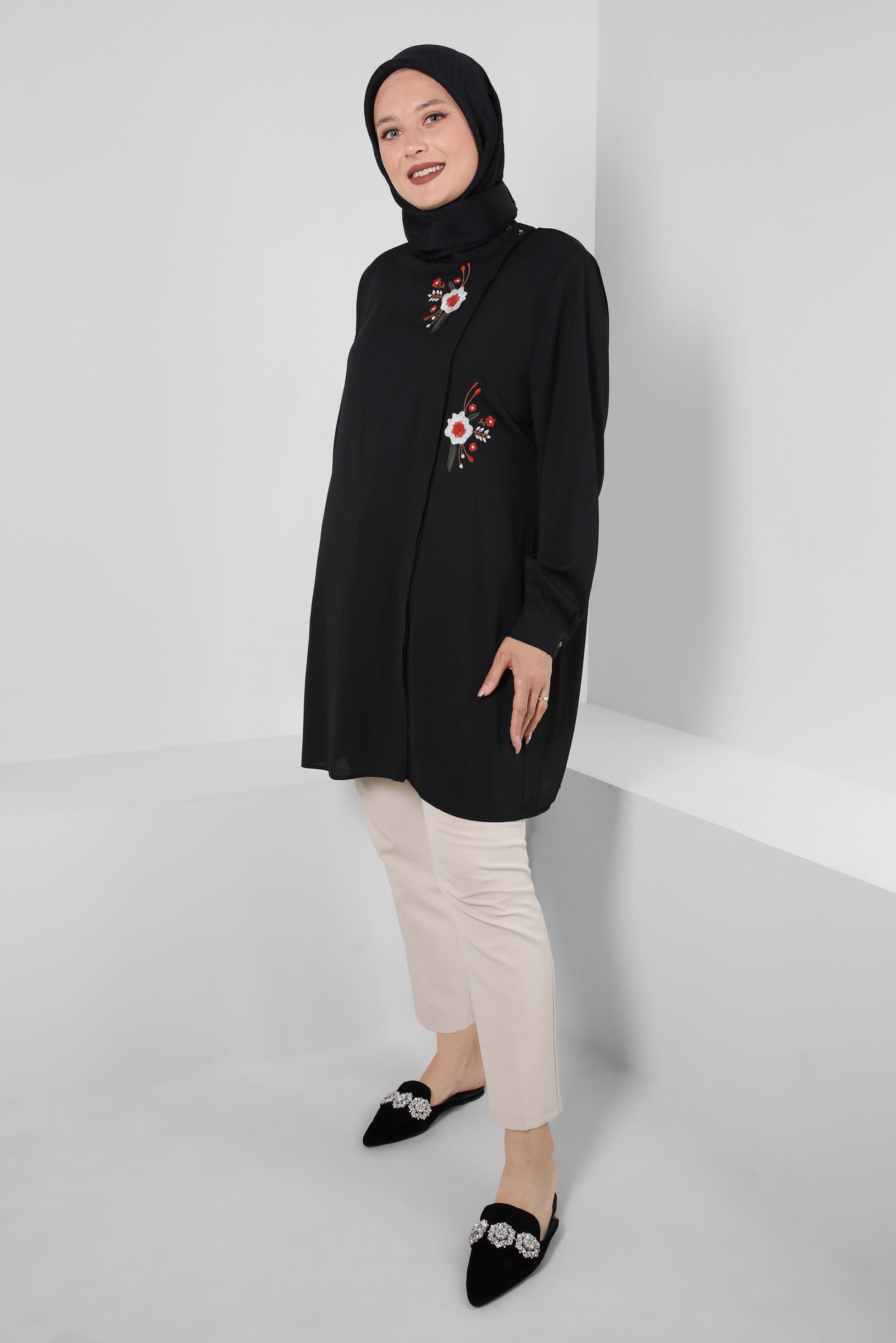 Vêtements hijab NOIR TUNIQUE À MOTIF FLEURI 20247