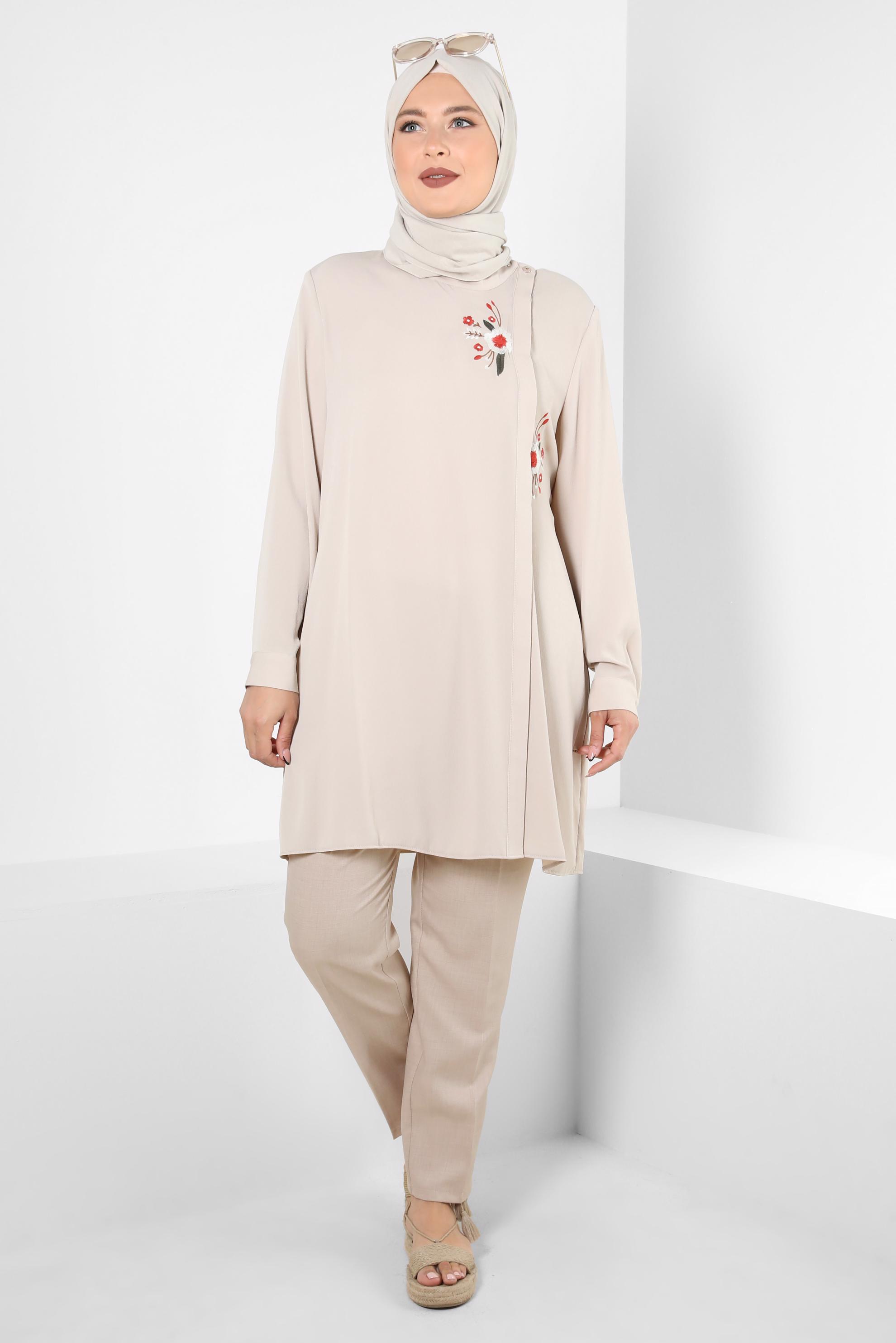 Tesettür giyim BEJ ÇİÇEK DESENLİ TUNİK 20247